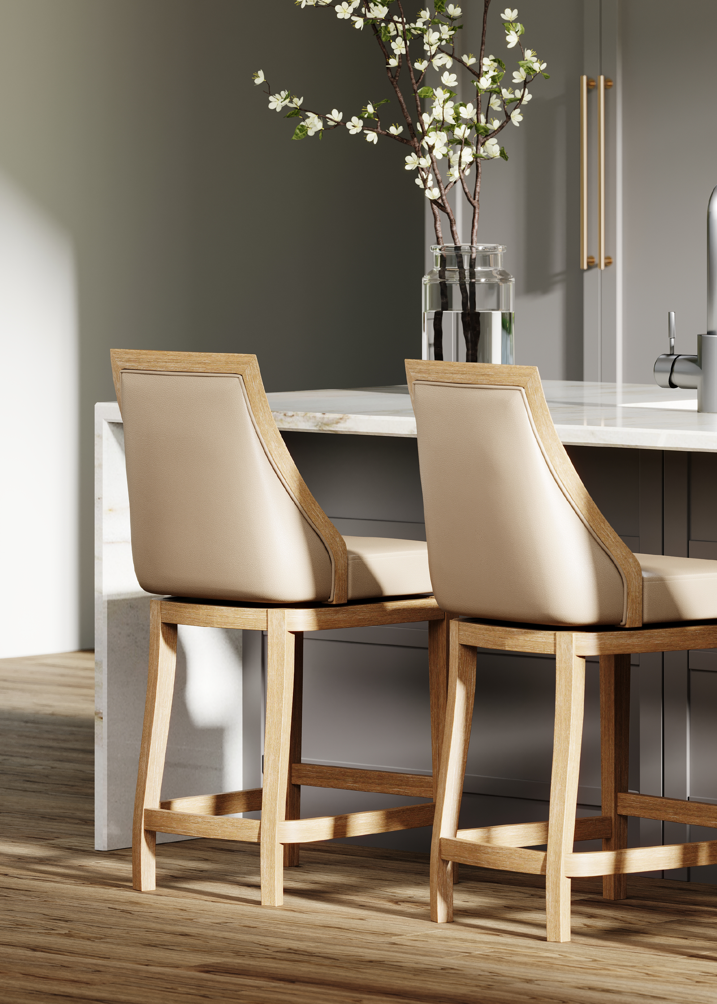 26" Vienna Swivel Counter Stool in Weathered Oak Finish with Avanti Bone Vegan Leather in Stools by Maven Lane