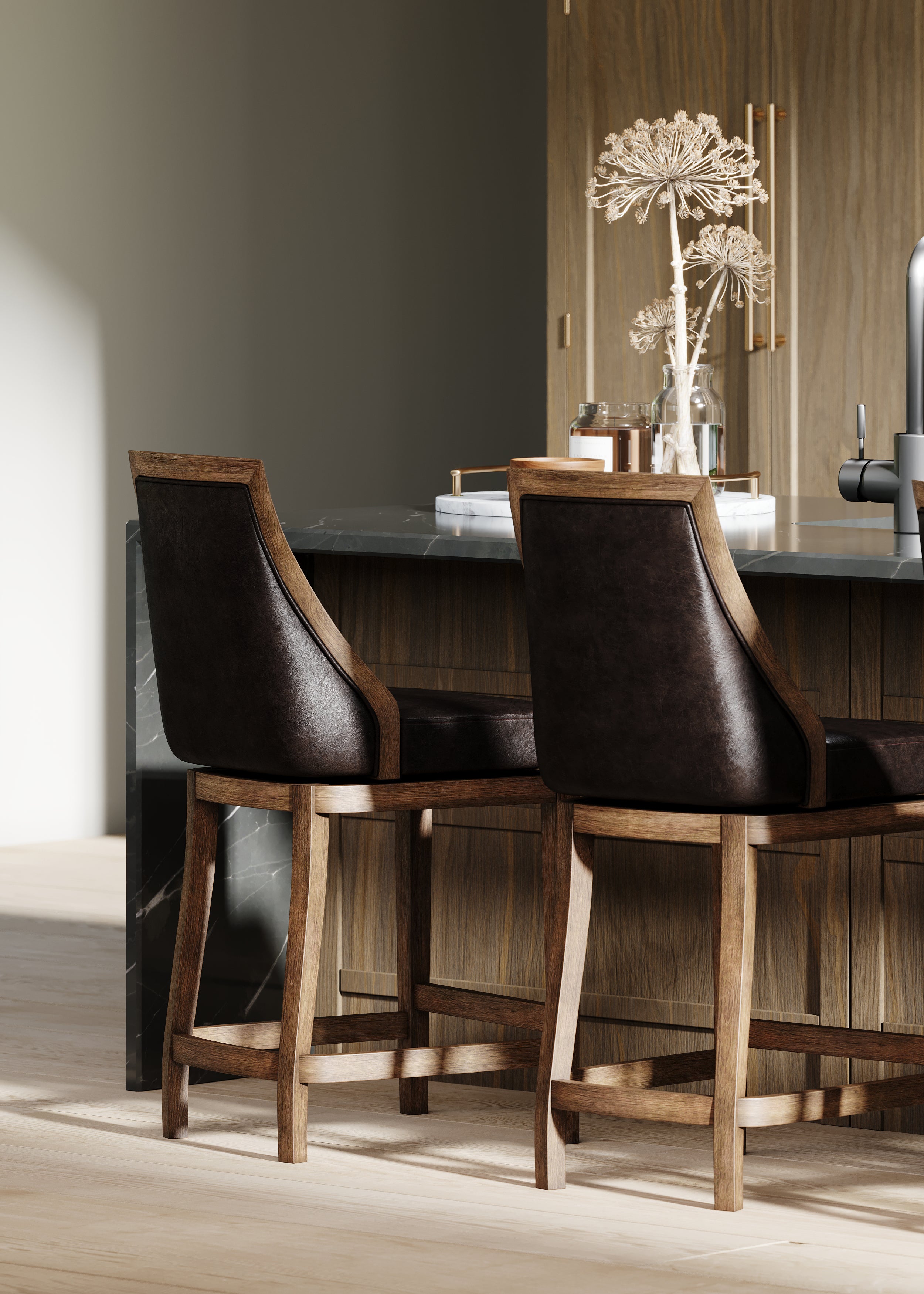 Vienna Swivel Counter Height Kitchen Stool - Walnut Finish with Marksman Saddle Vegan Leather in Stools by Maven Lane