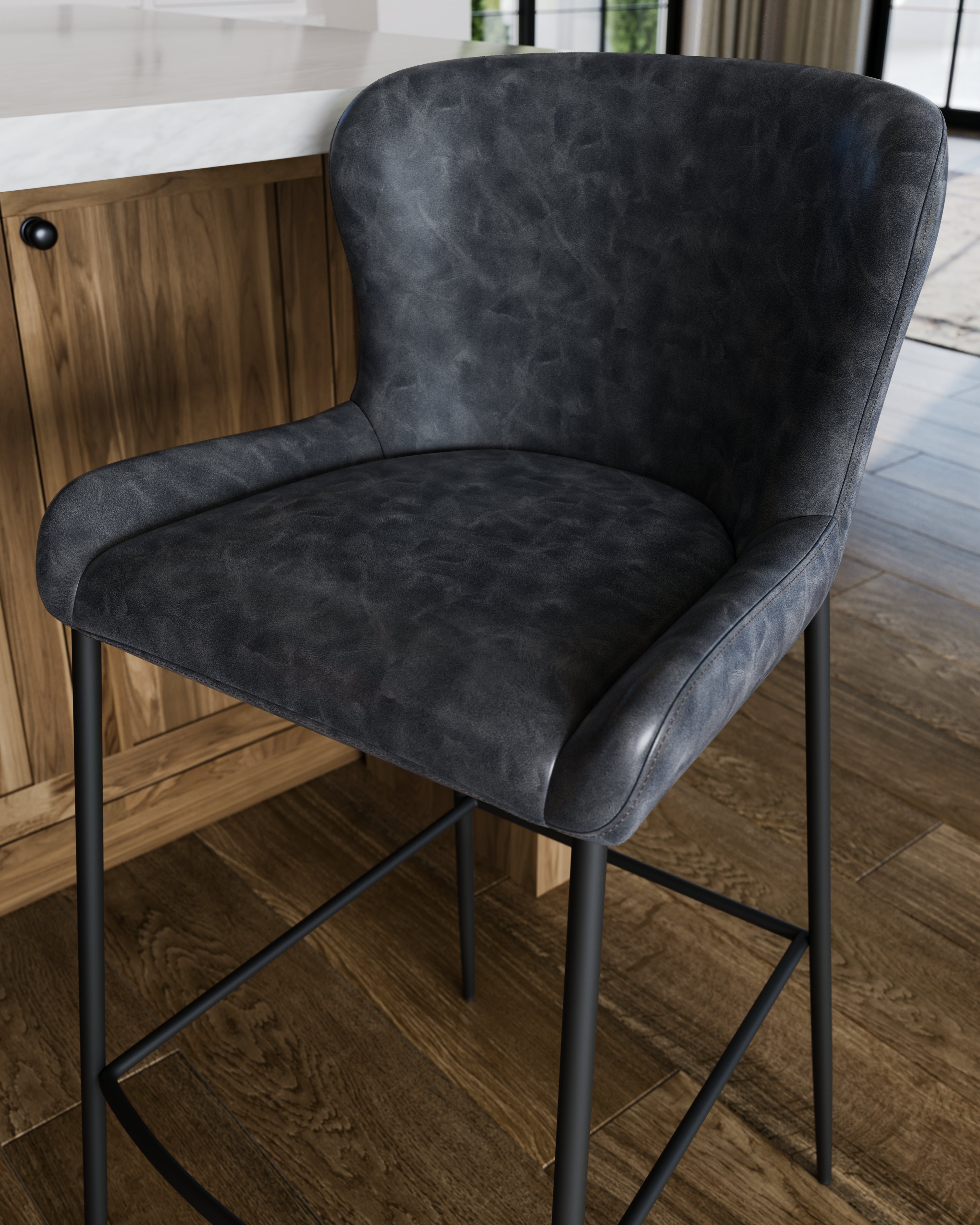 Naomi Bar Stool Matte Black with Charcoal Vegan Leather in Stools by Maven Lane