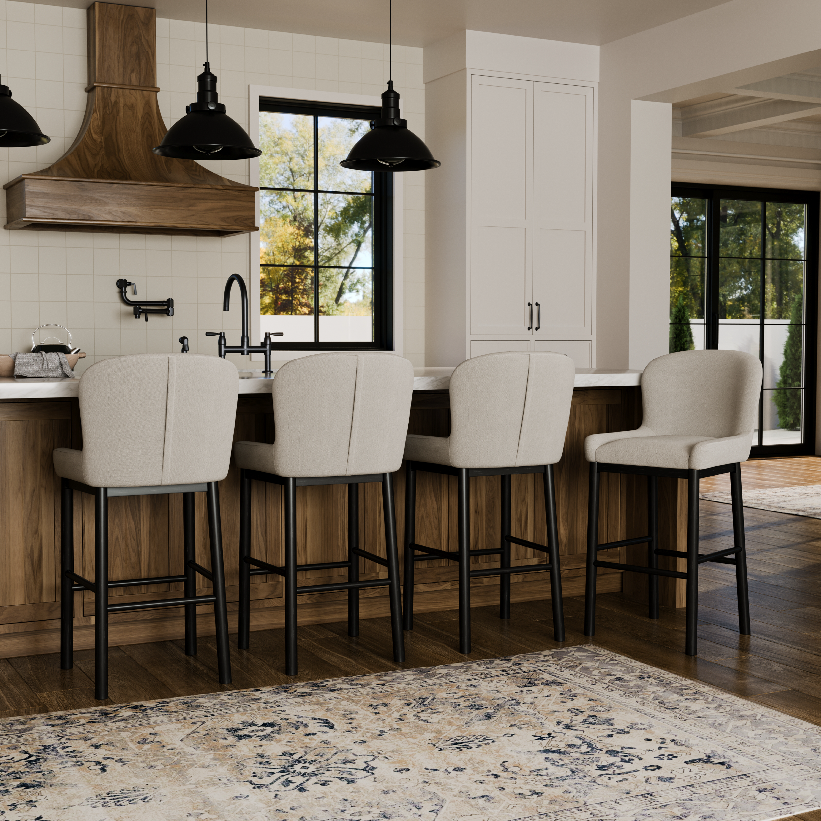 Gia Bar Stool in Aged Black Finish With Dove Weave Fabric in Stools by Maven Lane