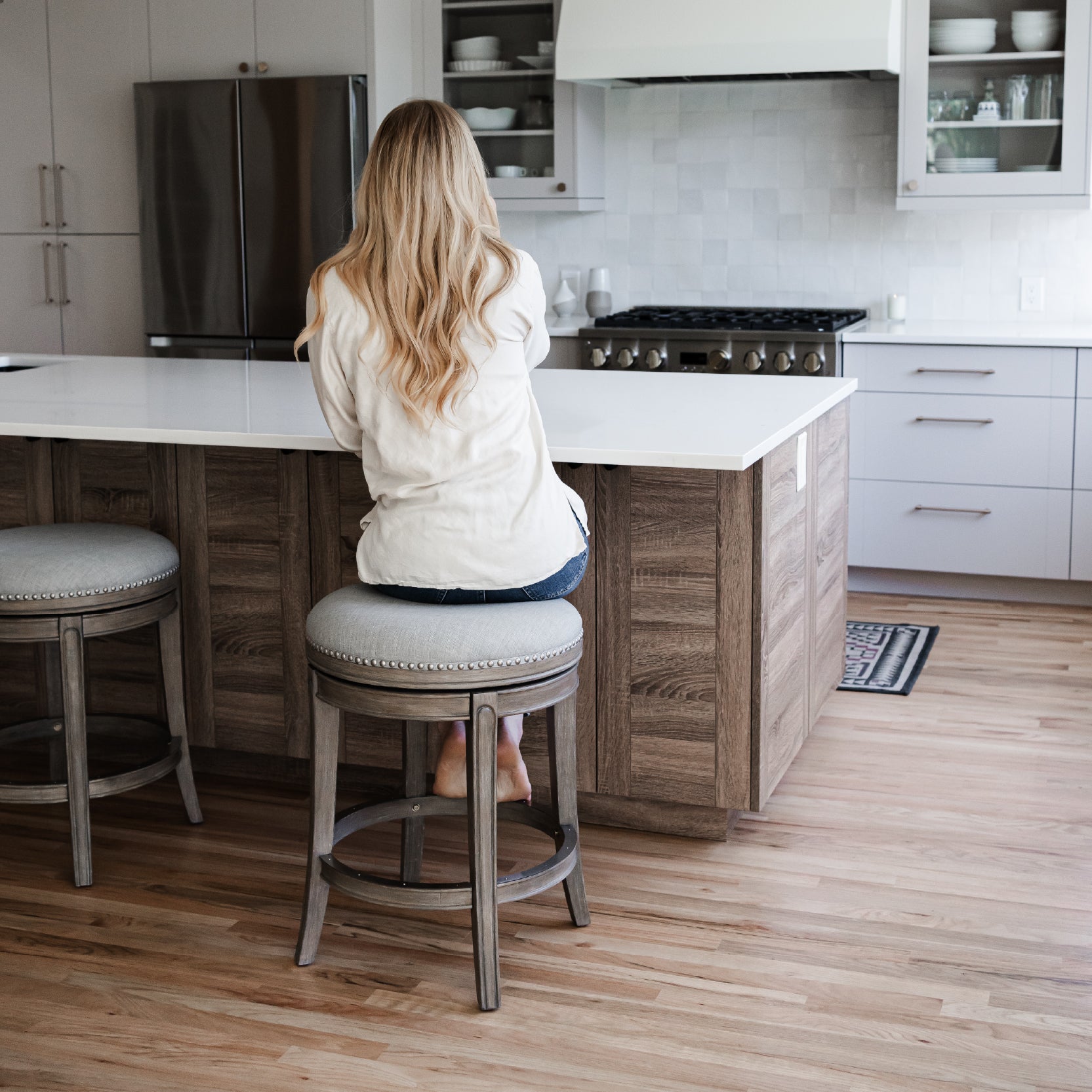 26" Alexander Backless Counter Stool in Grey Finish with Grey Fabric Upholstery in Stools by Maven Lane
