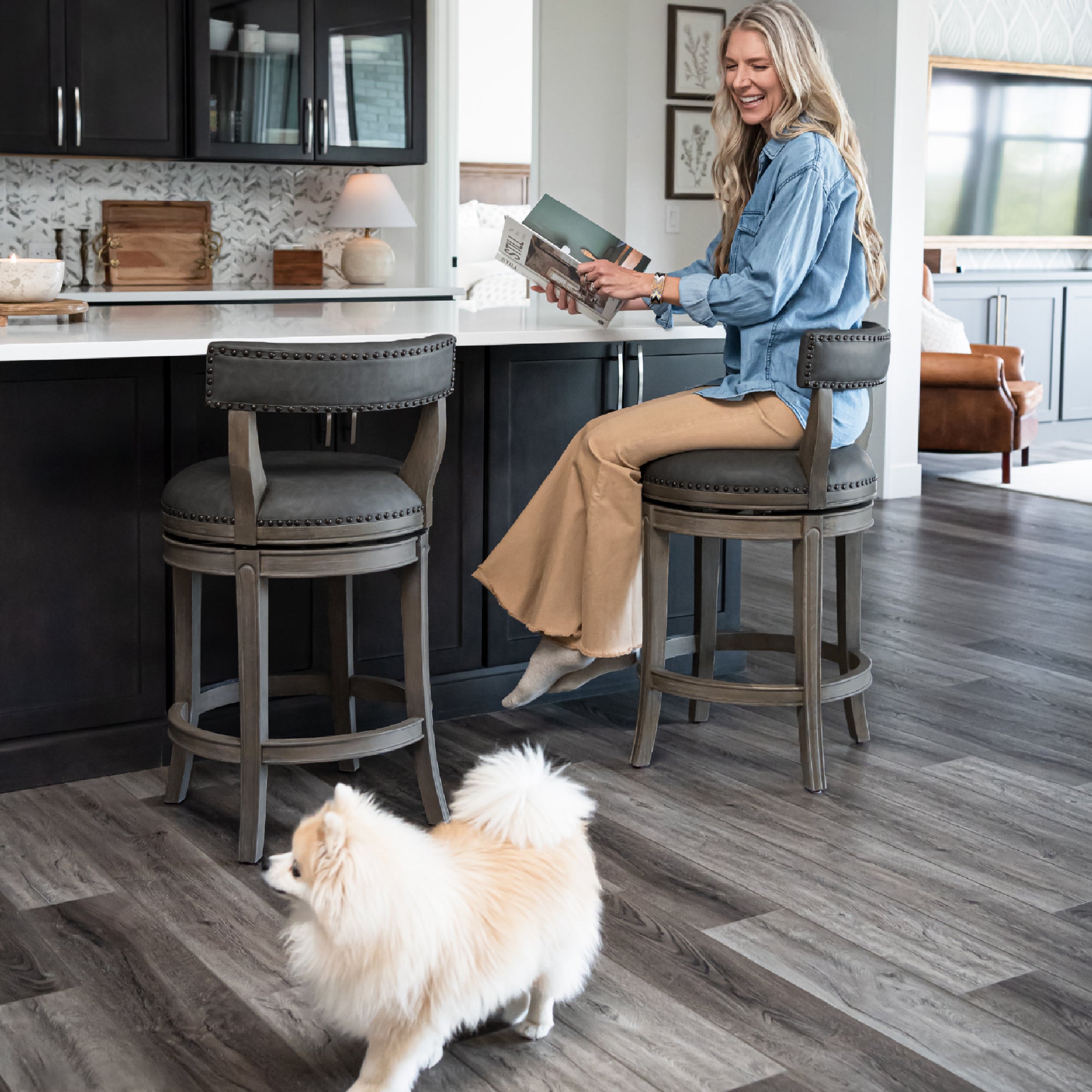 Alexander Counter Stool in Grey Finish with Grey Faux Leather Upholstery in Stools by Maven Lane