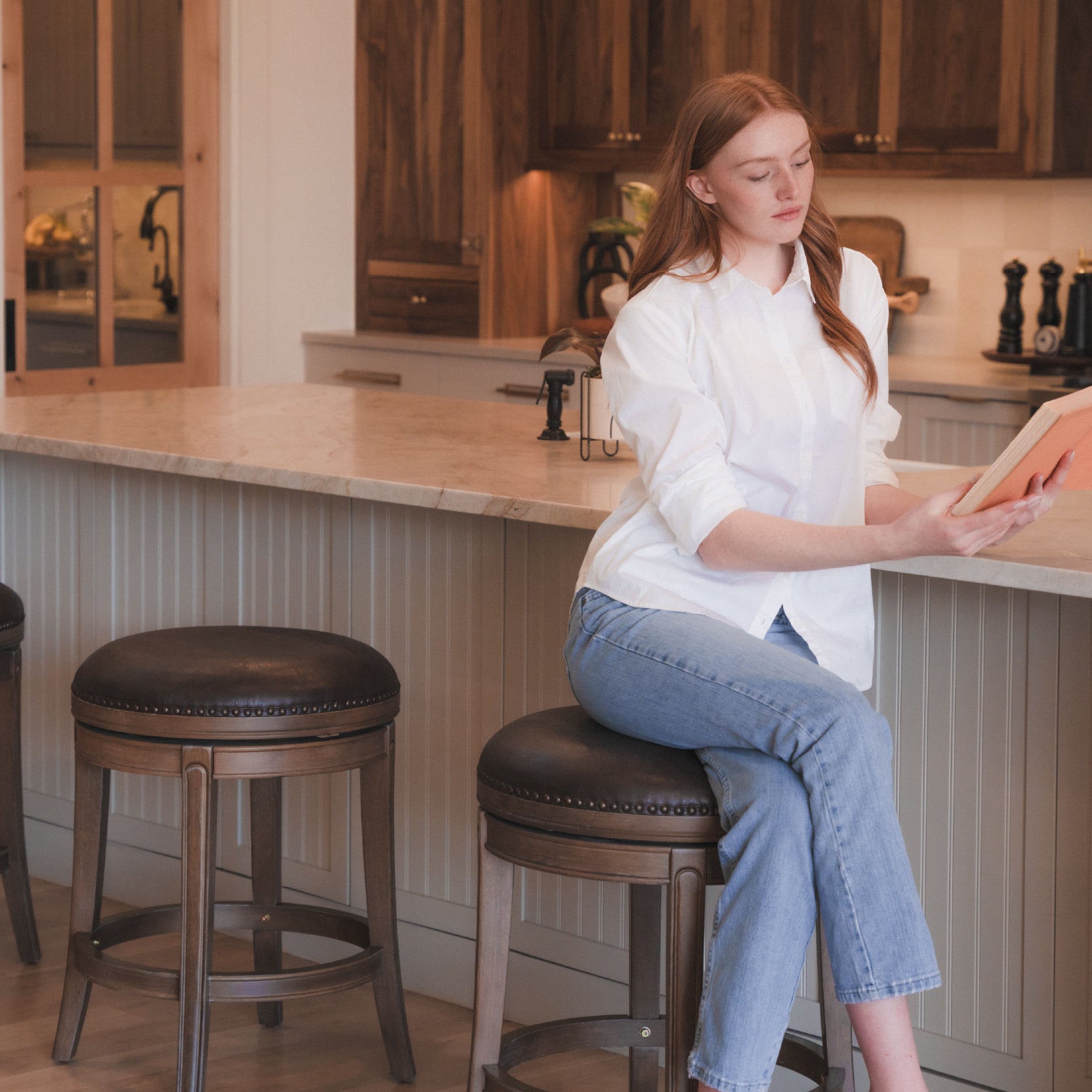 26" Alexander Backless Counter Stool in Walnut Finish with Marksman Saddle Vegan Leather in Stools by Maven Lane