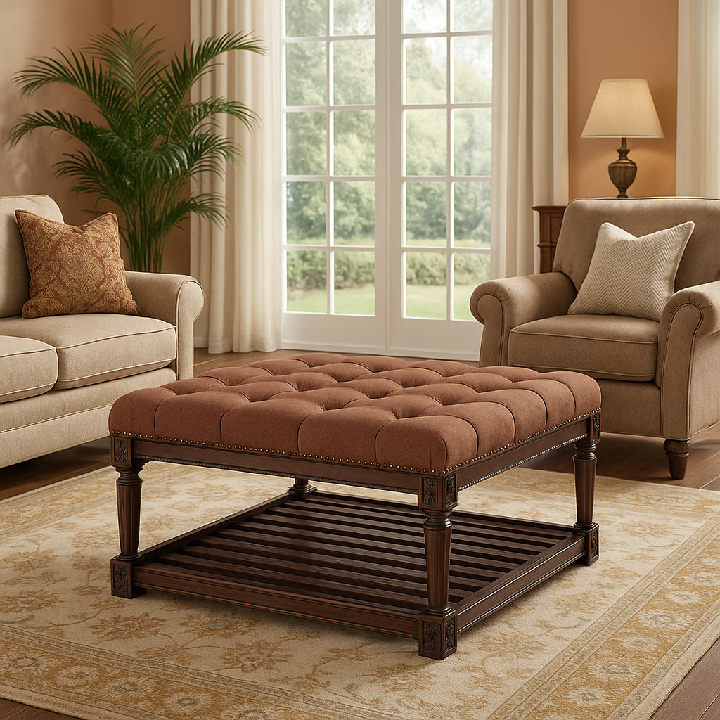 Mesa Square Upholstered Coffee Table in Aged Brown with Clay Brown Fabric in Coffee Table by Maven Lane
