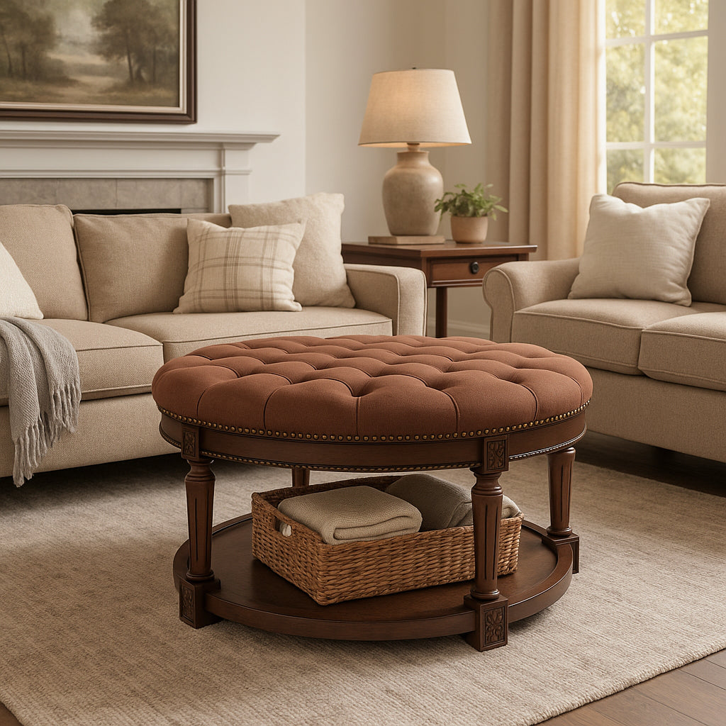 Mesa Round Upholstered Coffee Table in Aged Brown with Clay Brown Fabric in Coffee Table by Maven Lane