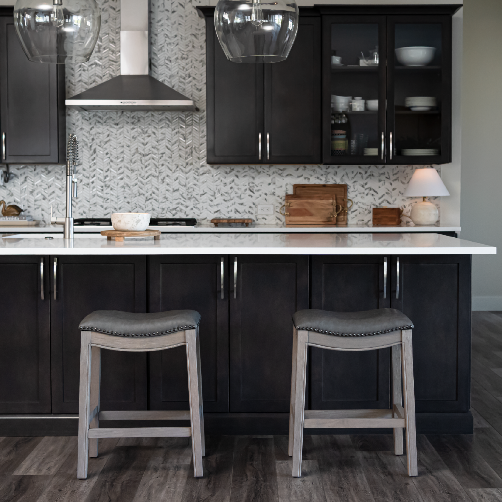 26" Adrien saddle counter height kitchen stool - reclaimed oak finish with ronan stone vegan leather in Stools by Maven Lane