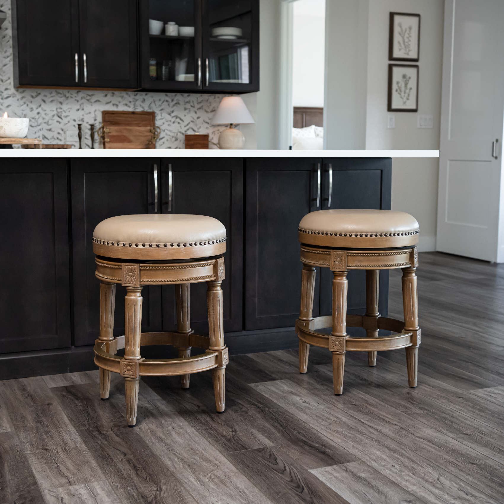 27" Pullman backless swivel counter height kitchen stool - weathered oak finish with avanti bone vegan leather in Stools by Maven Lane