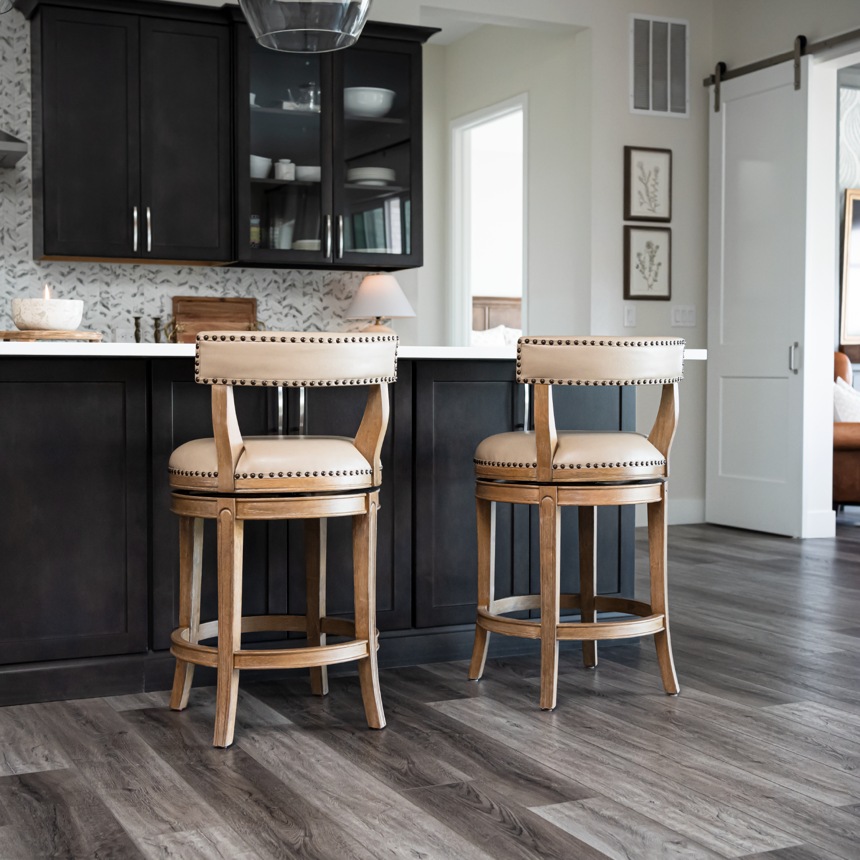 27" Alexander swivel counter height kitchen stool - weathered oak finish with avanti bone vegan leather in Stools by Maven Lane