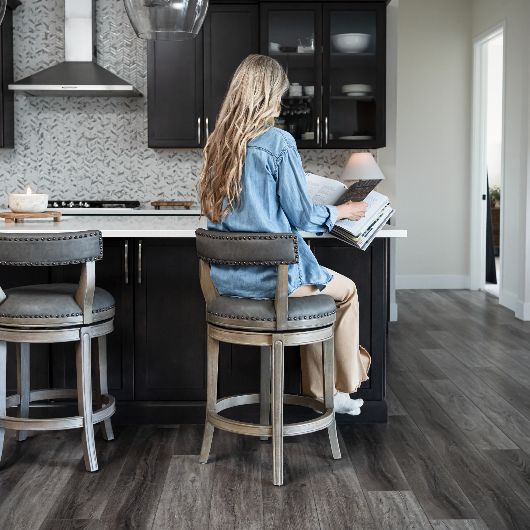 27" Alexander swivel counter height kitchen stool - reclaimed oak finish with ronan stone vegan leather in Stools by Maven Lane