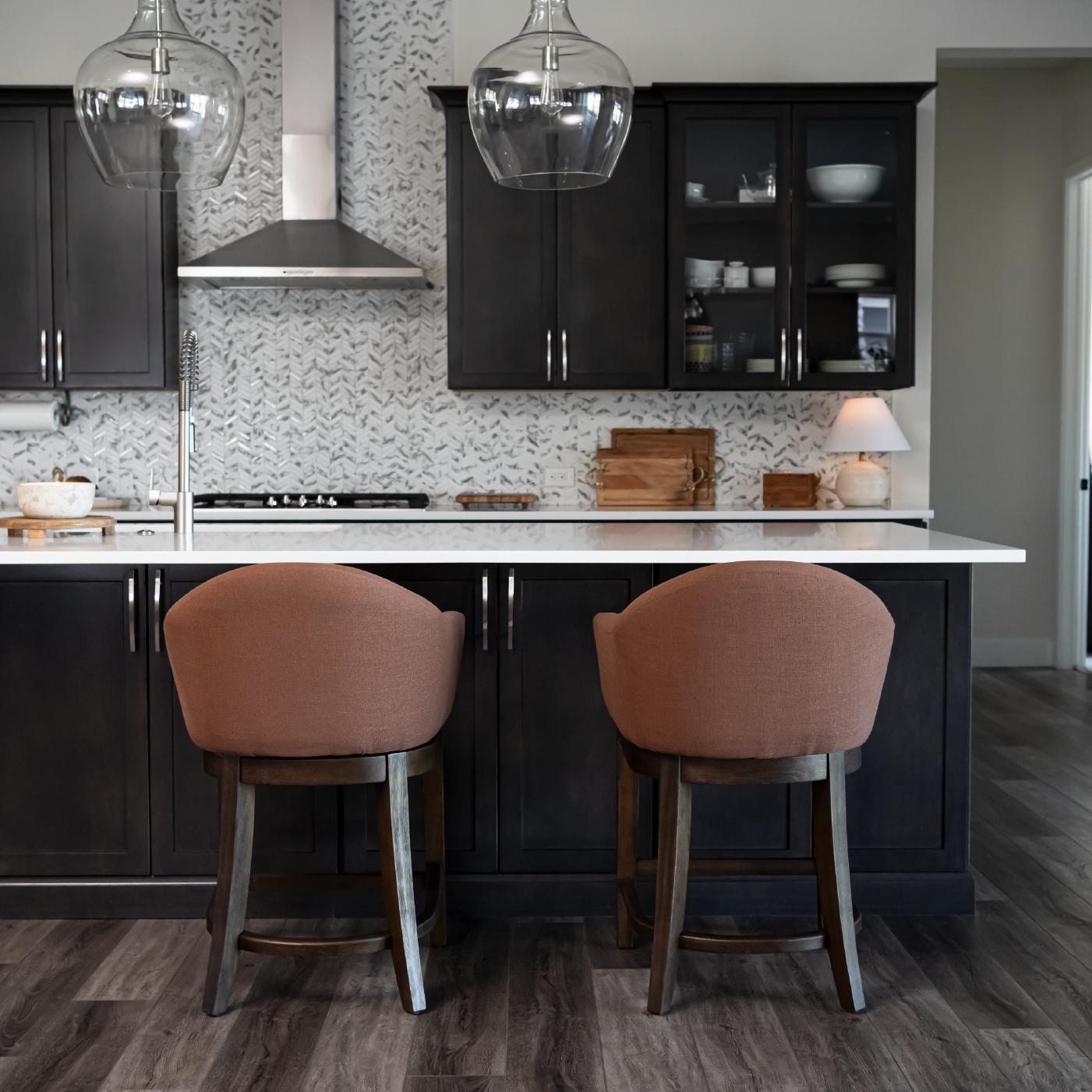 26" Isabella swivel counter height kitchen stool - aged brown finish with clay canvas fabric in Maven Lane by Maven Lane