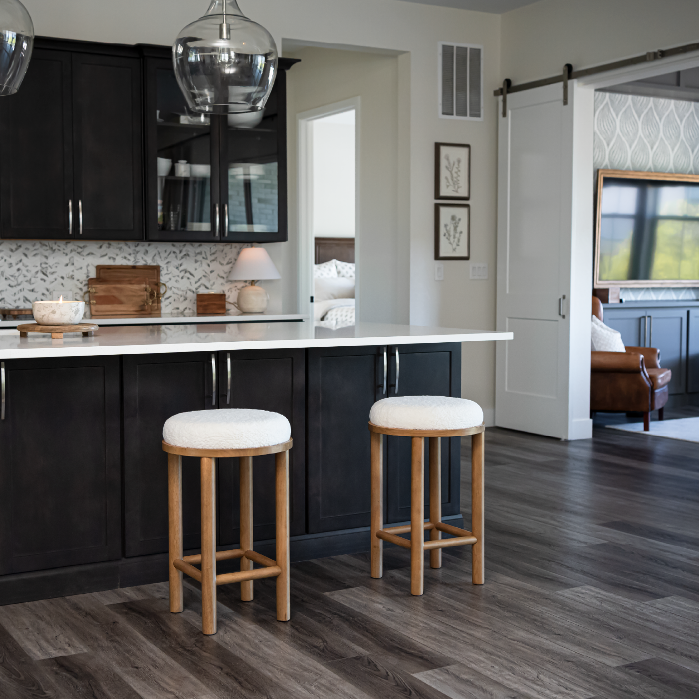 27" Clara counter height kitchen stool - aged natural wood finish with white boucle fabric in Counter Stools by Maven Lane