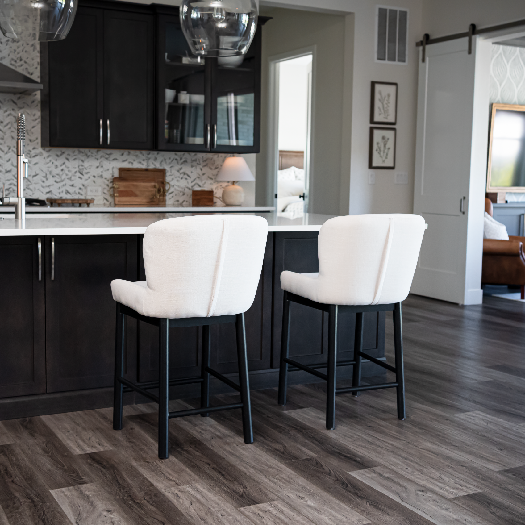 Gia Counter Height Kitchen Stool - Aged Black Finish with Dove Weave Fabric in Stools by Maven Lane