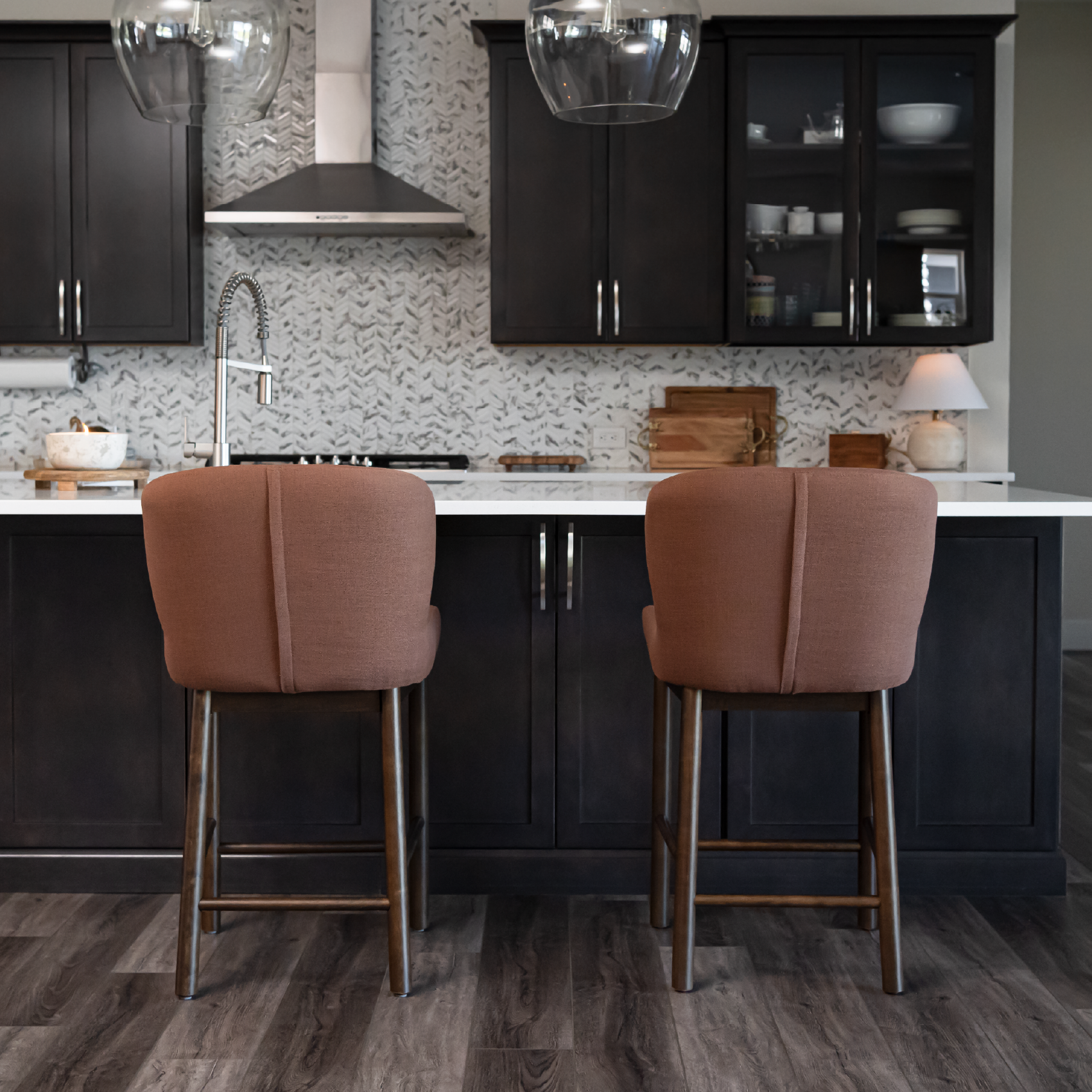 27" Gia counter height kitchen stool - aged brown finish with clay canvas fabric in Stools by Maven Lane