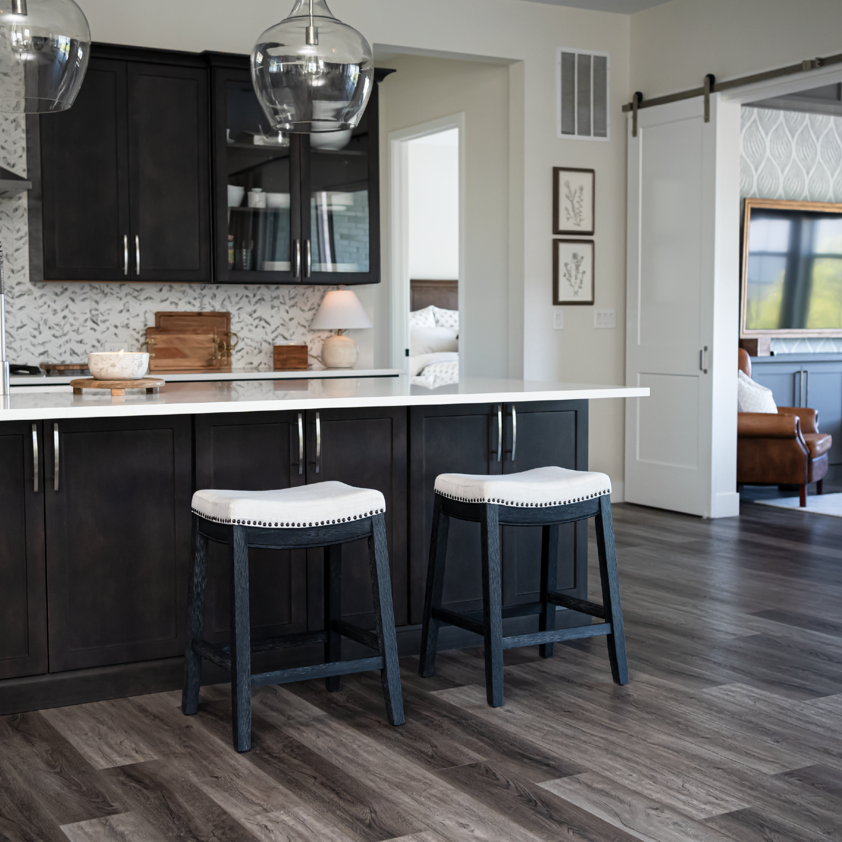 26" Sophia saddle backless counter height kitchen stool - aged black finish with snow white fabric in Stools by Maven Lane