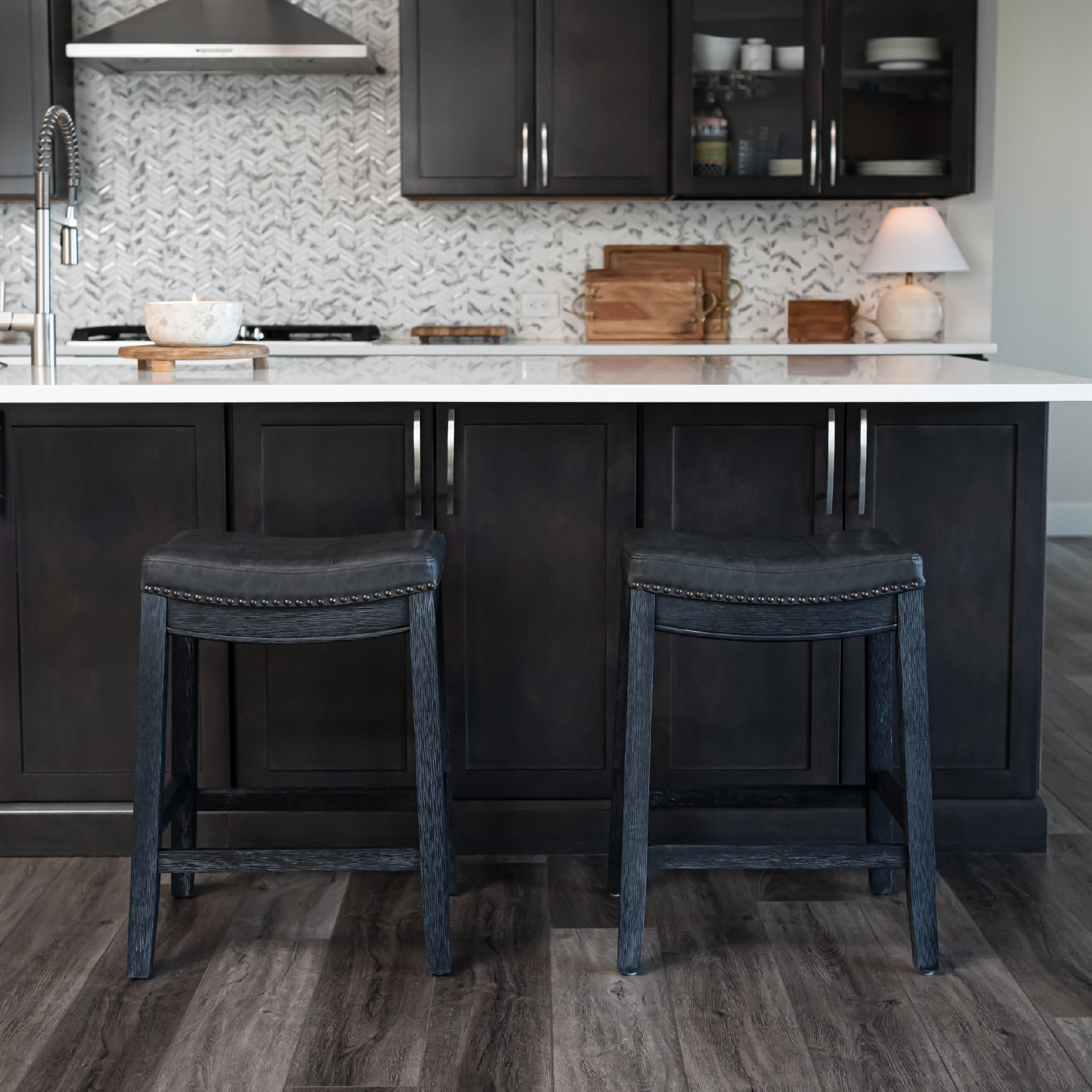 26" Sophia saddle backless counter height kitchen stool - aged black finish with charcoal black vegan leather in Stools by Maven Lane