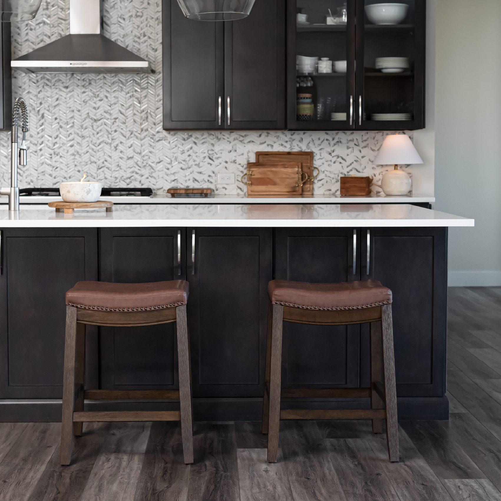 26" Sophia saddle backless counter height kitchen stool - aged brown finish with cocoa brown vegan leather in Stools by Maven Lane
