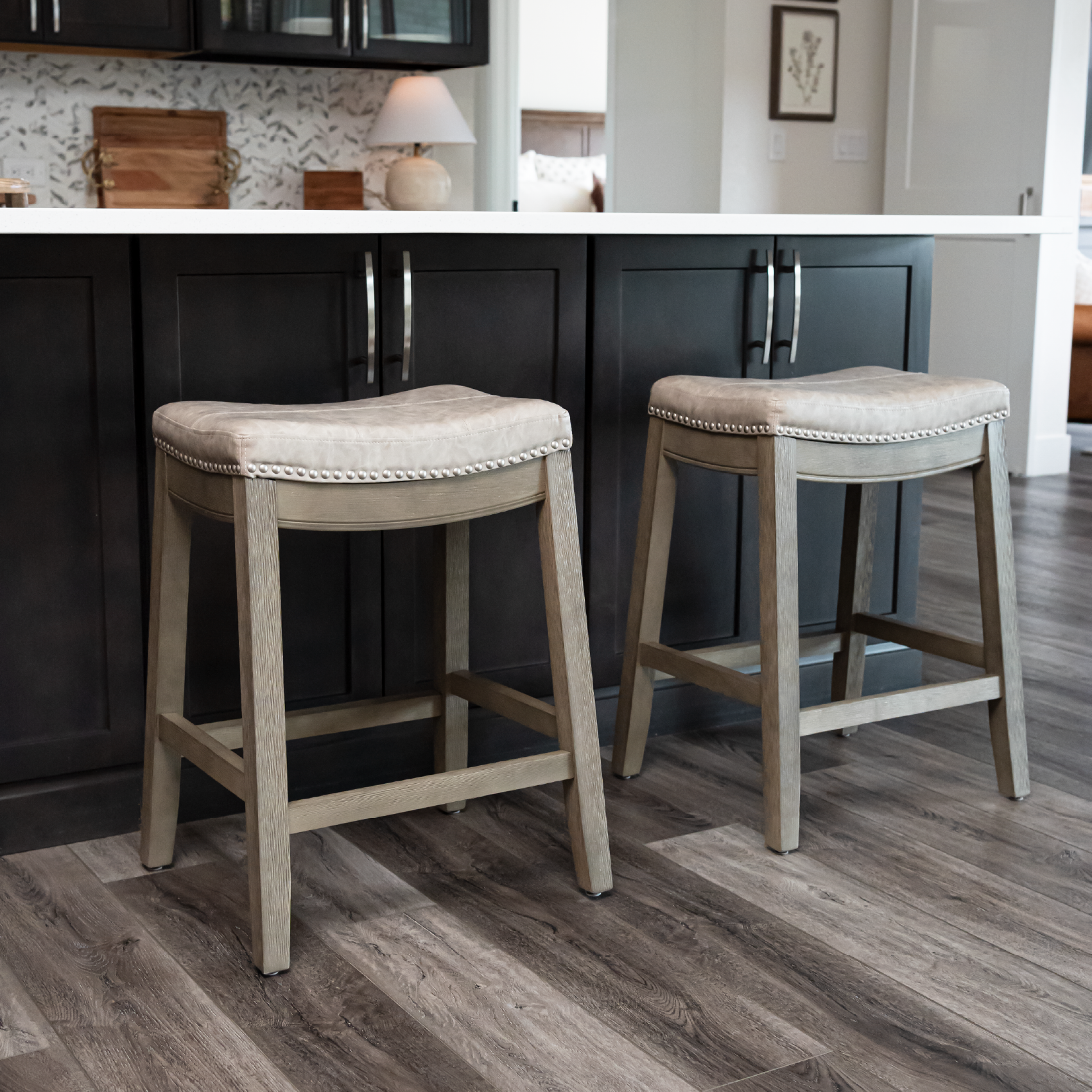 26" Sophia saddle backless counter height kitchen stool - aged grey finish with pebble grey vegan leather in Stools by Maven Lane
