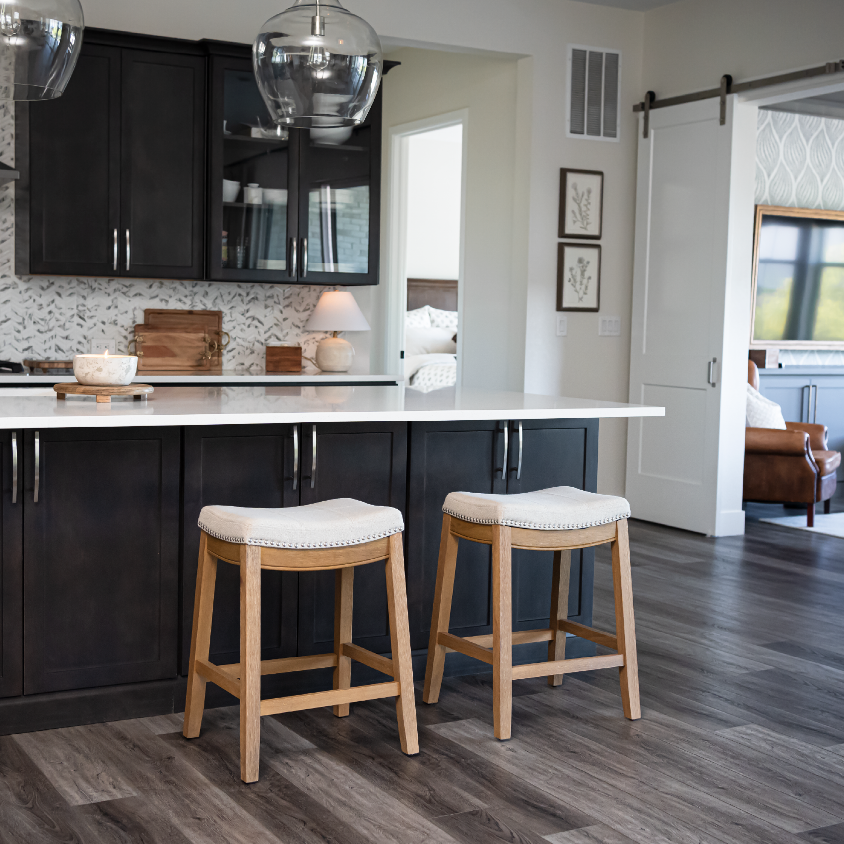 Sophia Saddle Backless Counter Height Kitchen Stool - Aged Natural Finish with Light Beige Fabric in Stools by Maven Lane