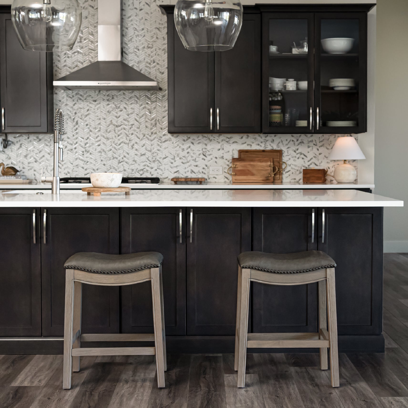 26" Adrien Saddle Counter Stool in Grey Finish with Grey Faux Leather (Set of 2) in Stools by Maven Lane