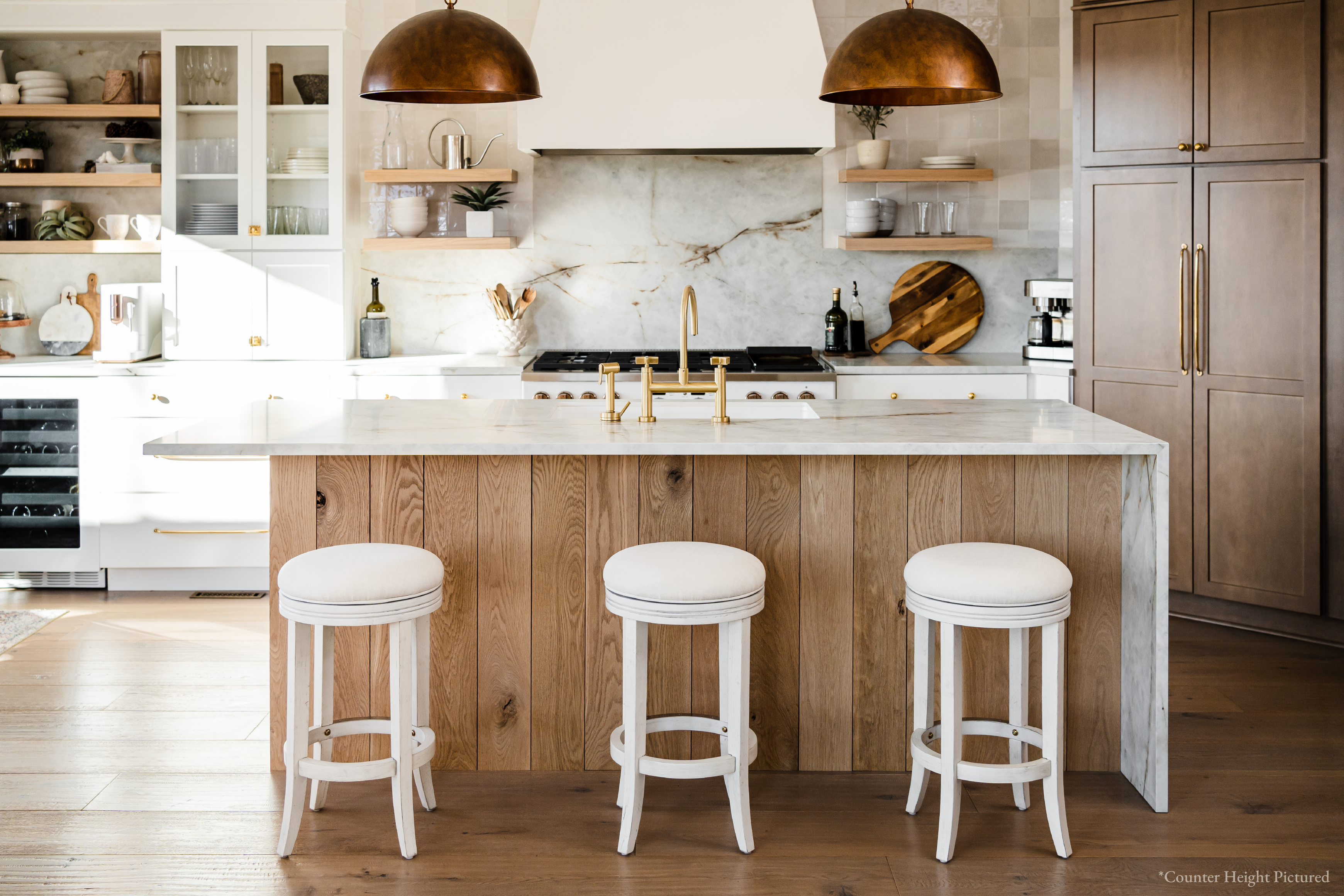 Eva Swivel Bar Stool in White Oak Finish with Natural Fabric Upholstery in Stools by Maven Lane