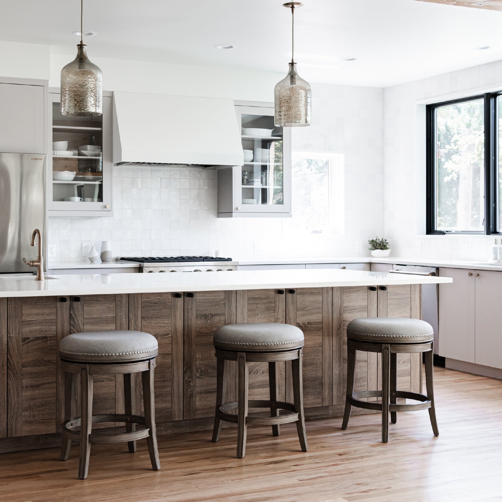 26" Alexander Backless Counter Stool in Grey Finish with Grey Fabric Upholstery in Stools by Maven Lane