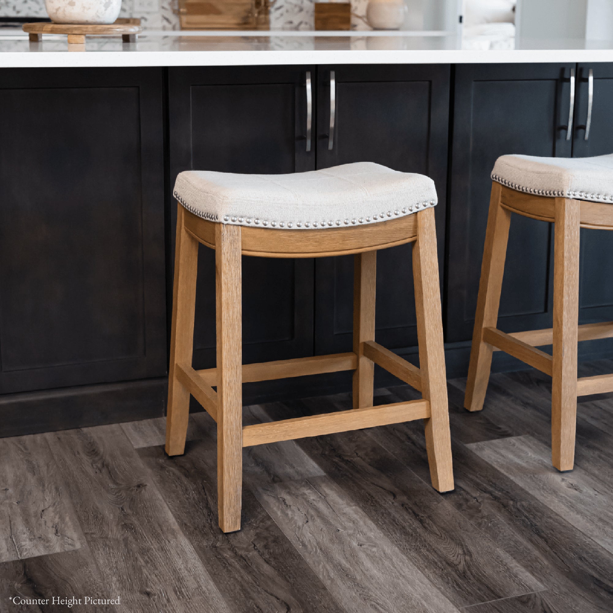 26" Sophia Counter Stool in Natural Finish with Beige Fabric Upholstery (Set of 2) in by Maven Lane