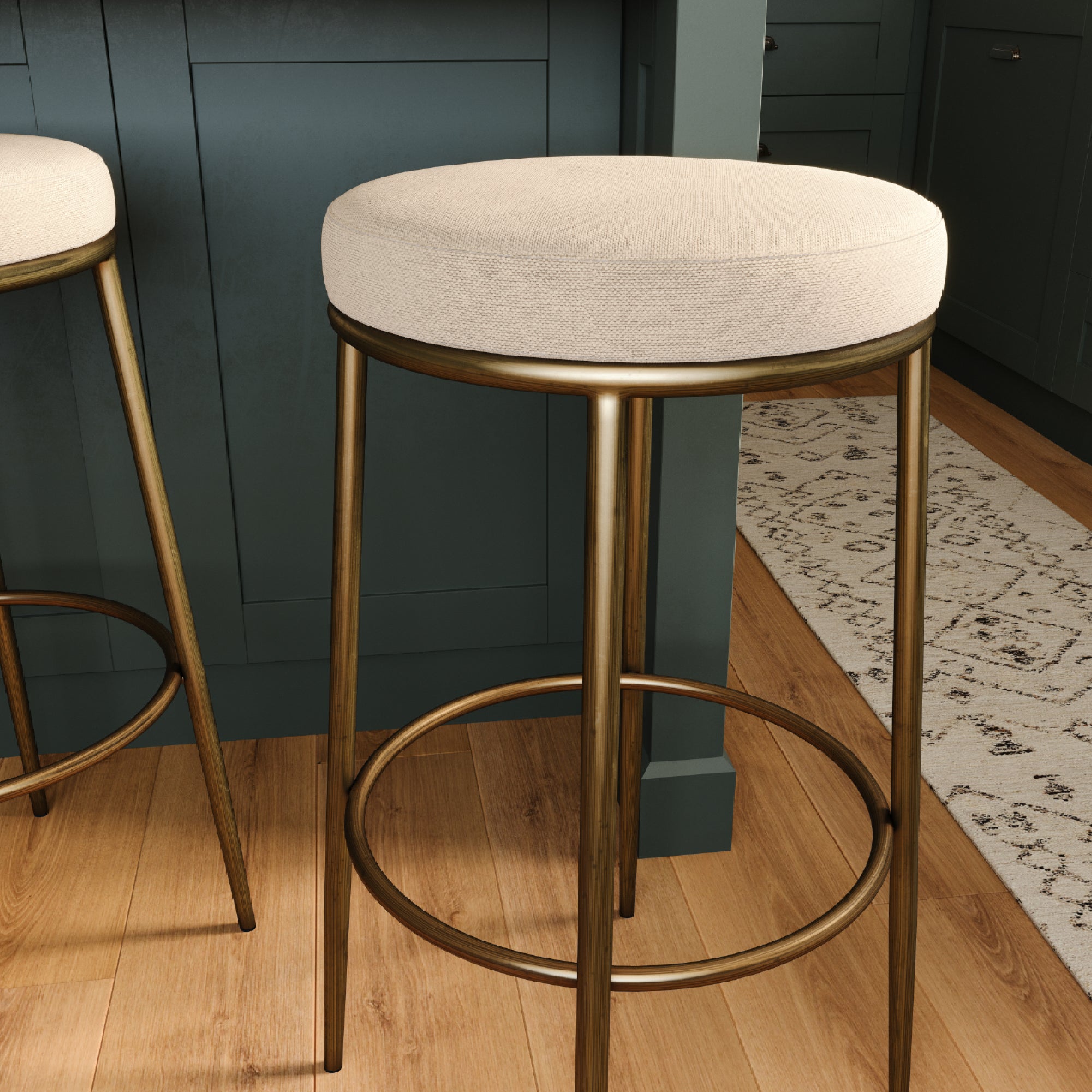 31" Stella Bar Stool in Aged Gold Finish with Beige Fabric (Set of 4) in Stools by Maven Lane