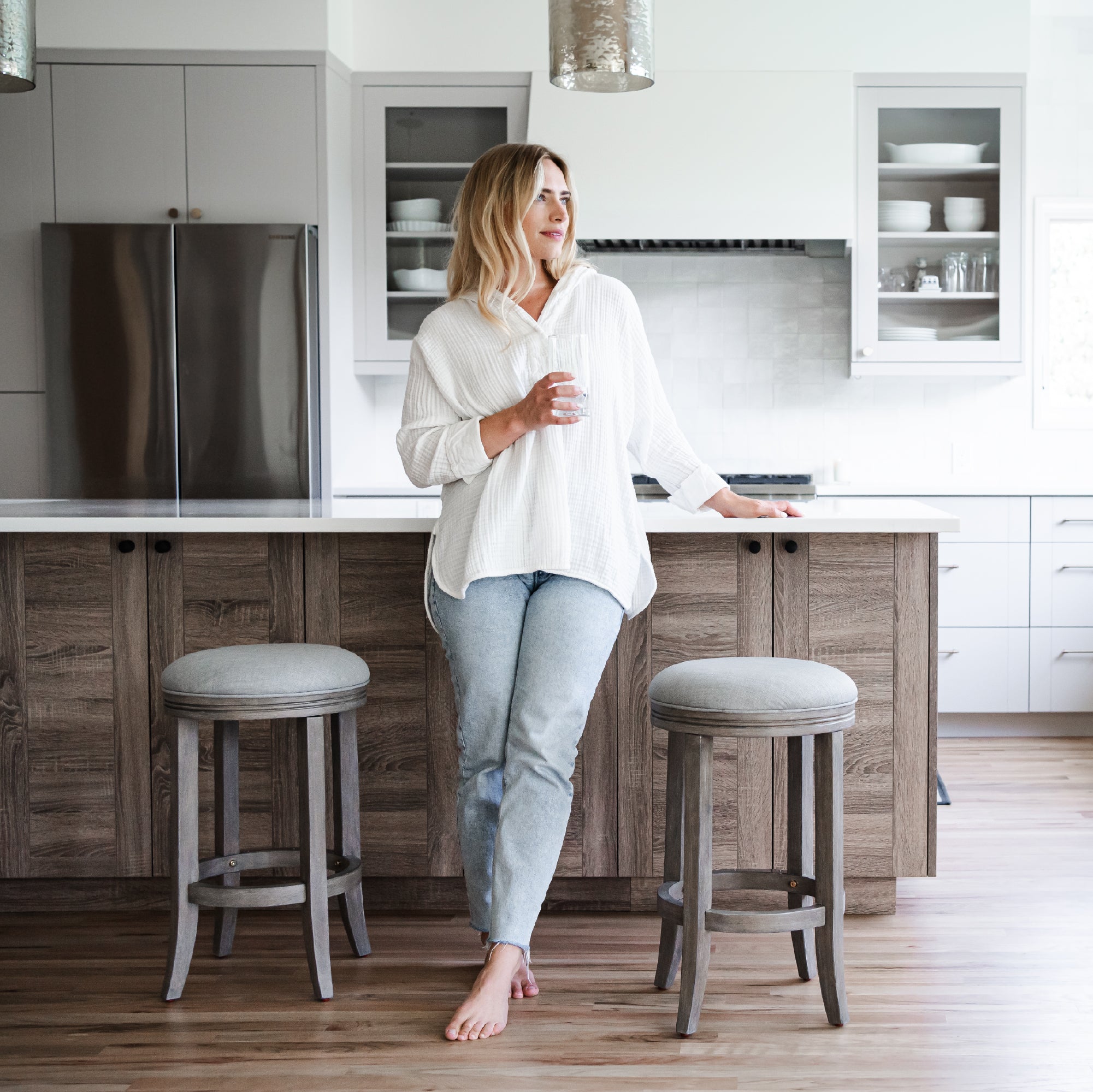 26" Eva Counter Height Kitchen Stool - Reclaimed Oak Finish with Ash Grey Fabric Upholstery in Stools by Maven Lane