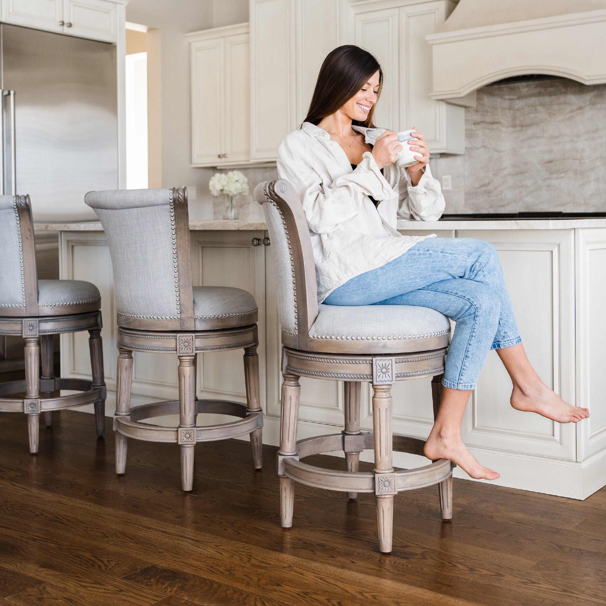 26" Pullman Counter Stool in Reclaimed Oak Finish with Ash Grey Fabric Upholstery in Stools by Maven Lane