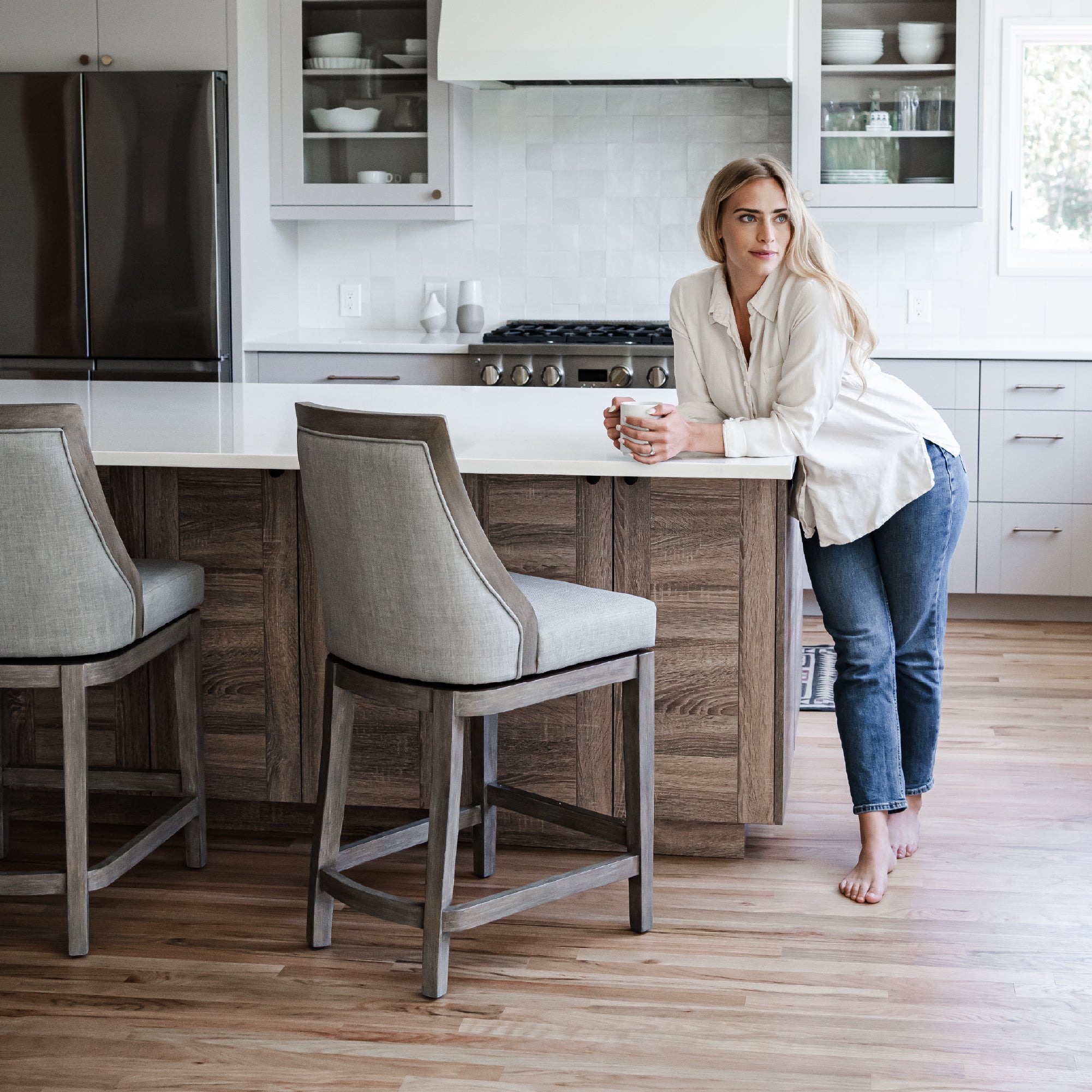 26" Vienna Swivel Counter Stool in Reclaimed Oak Finish with Ash Grey Fabric Upholstery in Stools by Maven Lane