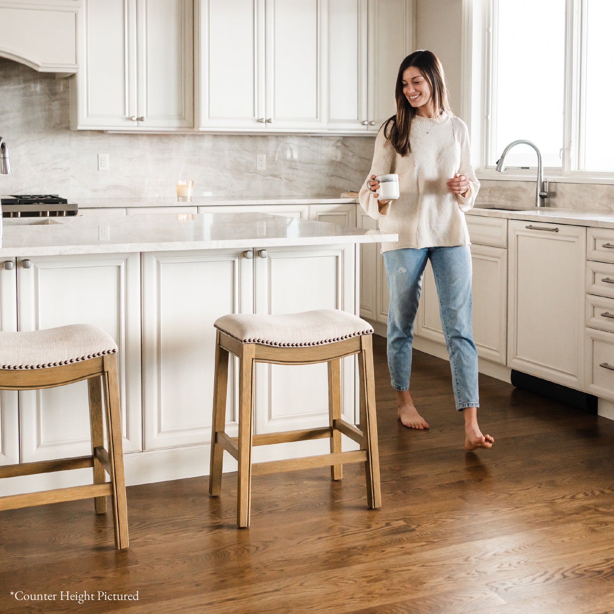 31" Adrien Saddle Bar Stool in Natural Wood Finish with Wheat Fabric Upholstery in Stools by Maven Lane
