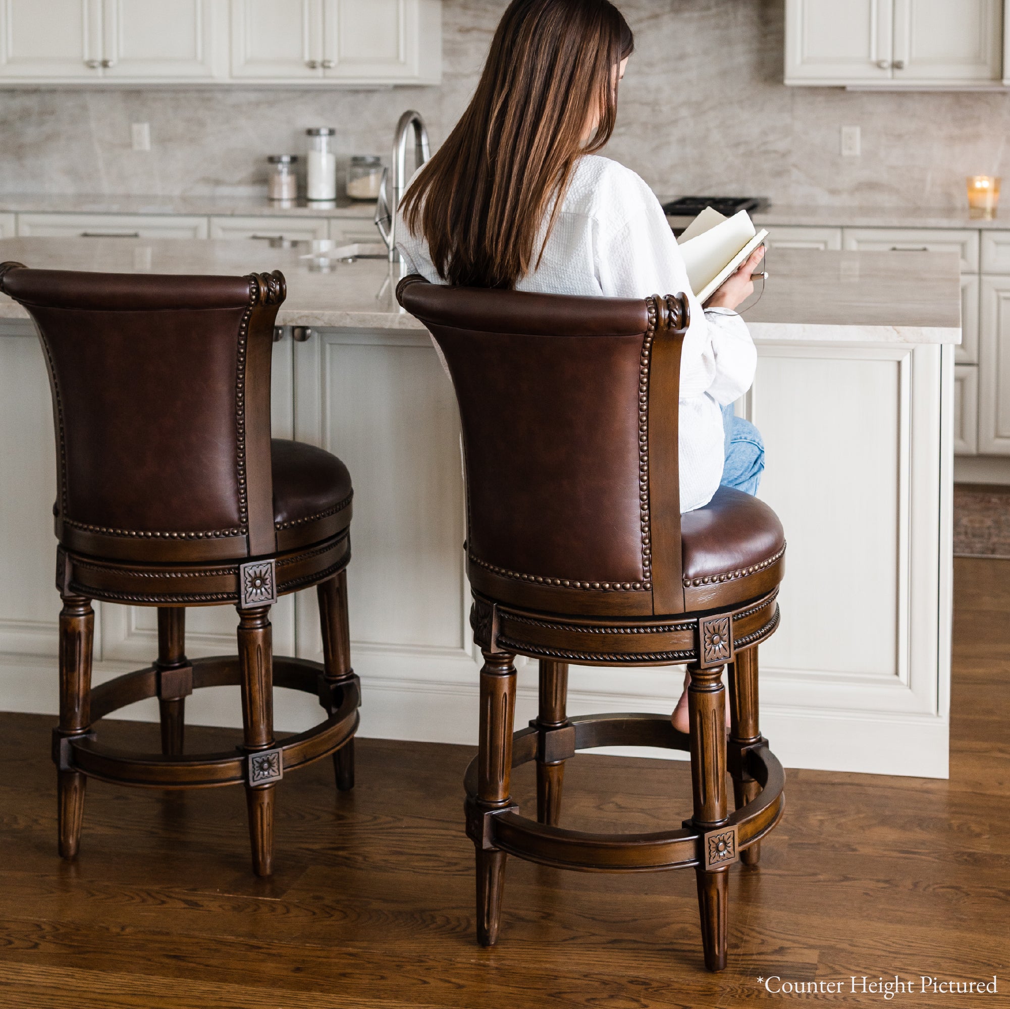 31" Pullman Bar Stool in Dark Walnut Finish with Vintage Brown Vegan Leather in Stools by Maven Lane
