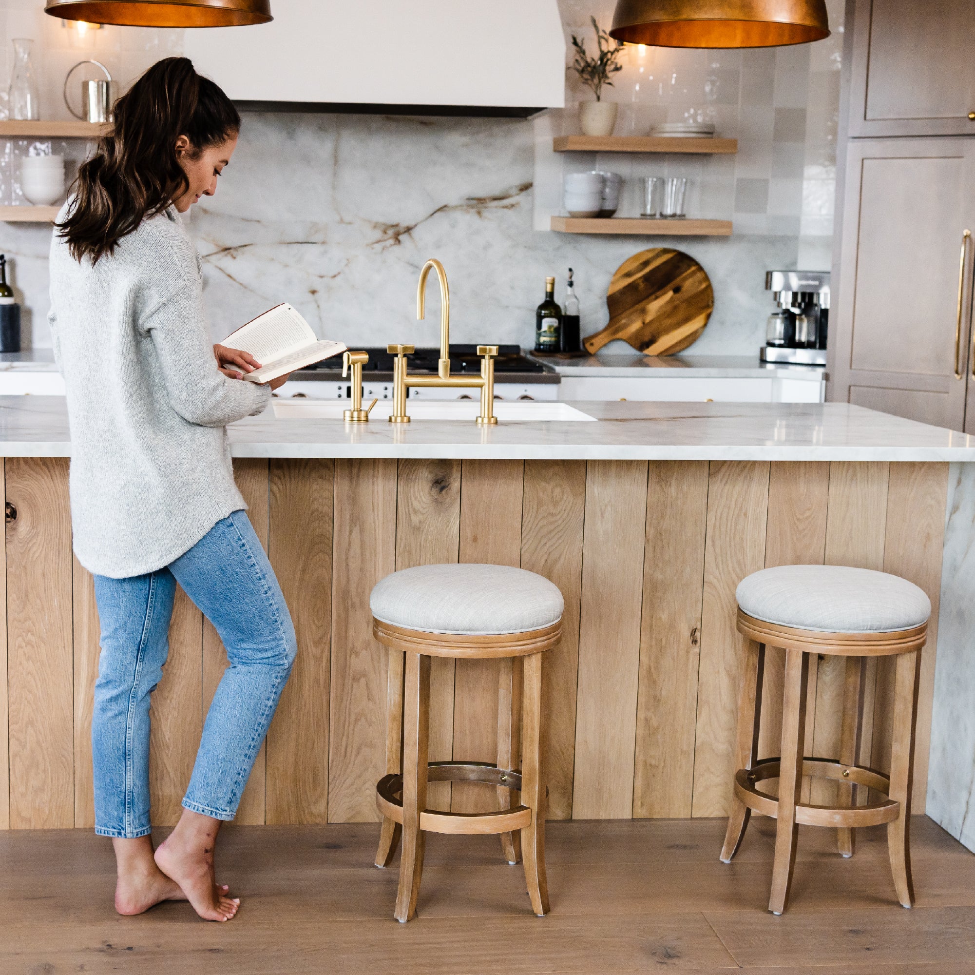 26" Eva Counter Height Kitchen Stool - Weathered Oak Finish with Sand Color Fabric Upholstery in Stools by Maven Lane