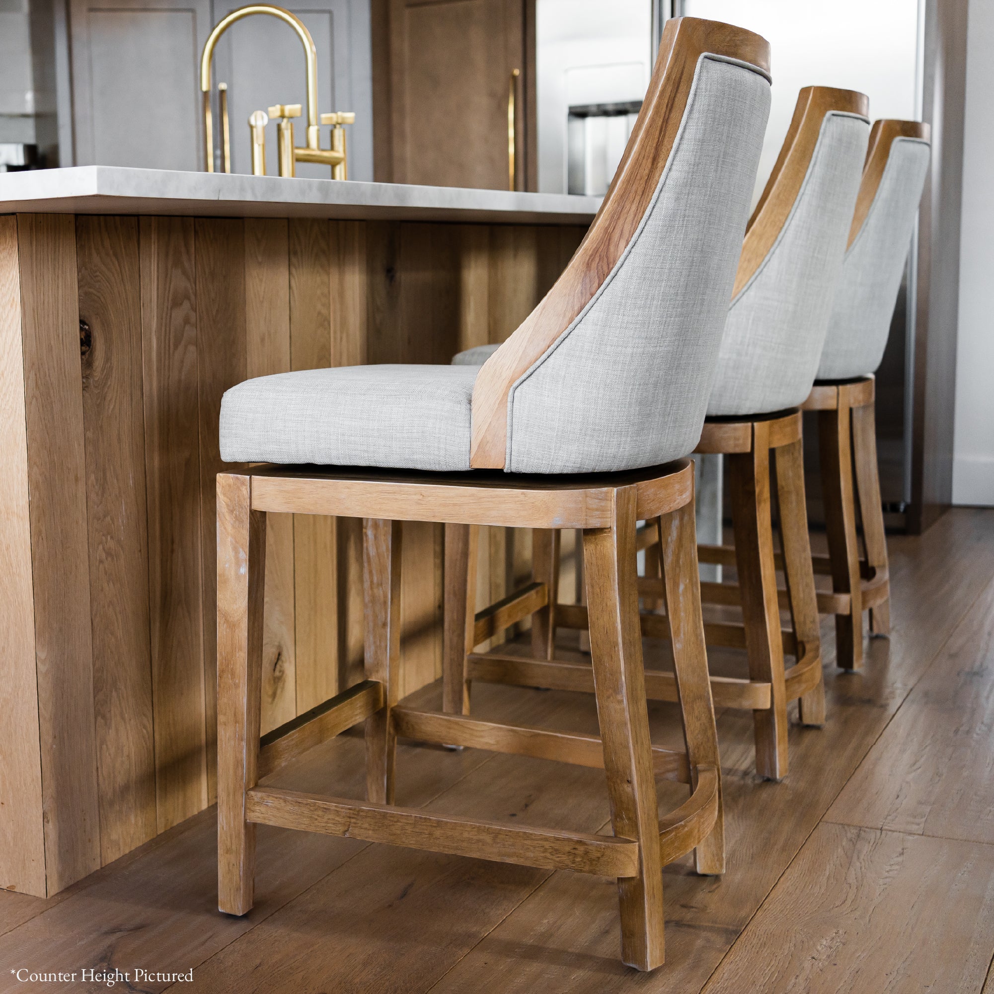 31" Vienna Swivel Bar Stool in Weathered Oak Finish with Sand Color Fabric Upholstery in Stools by Maven Lane