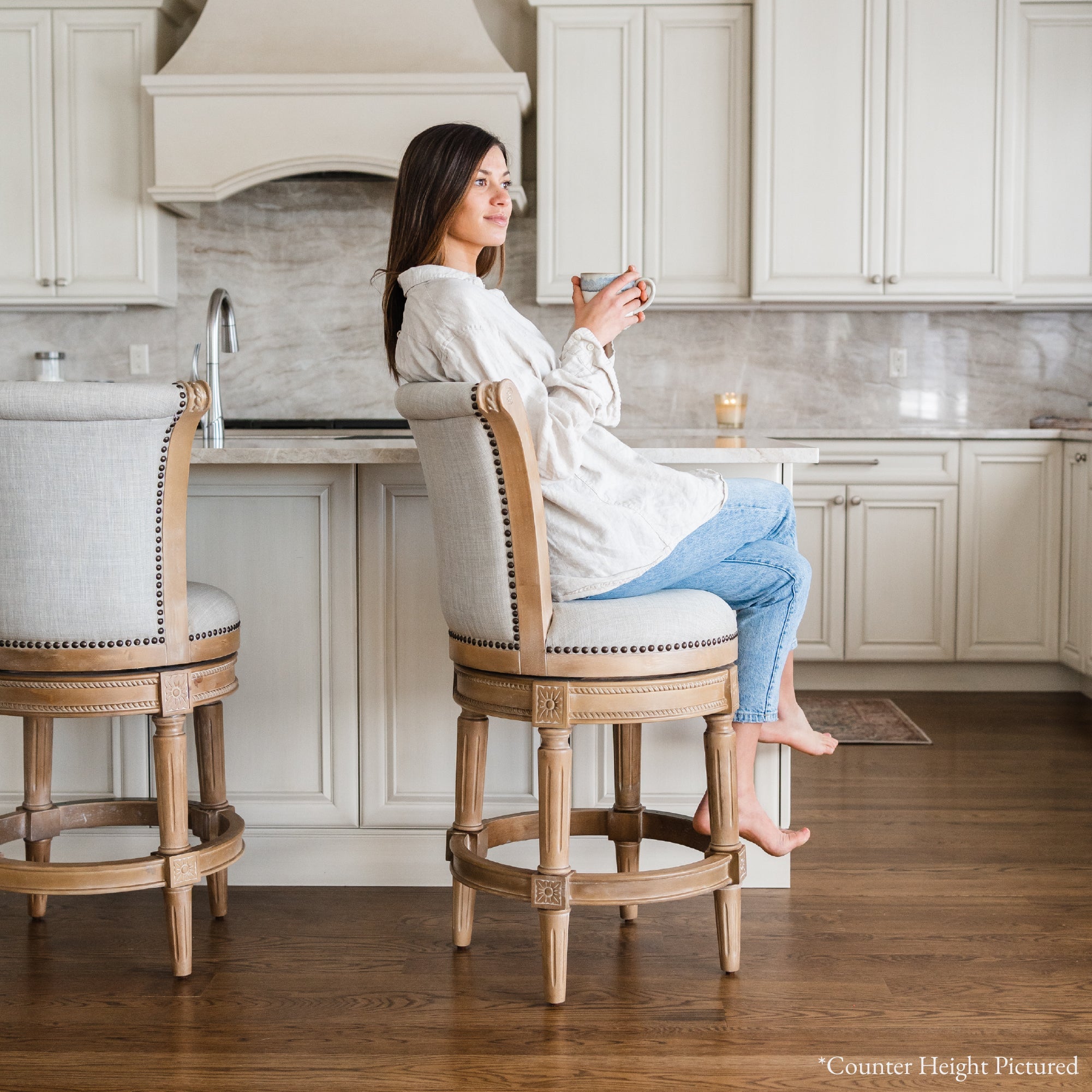 Pullman Bar Stool in Natural Finish with Light Grey Fabric in Stools by Maven Lane