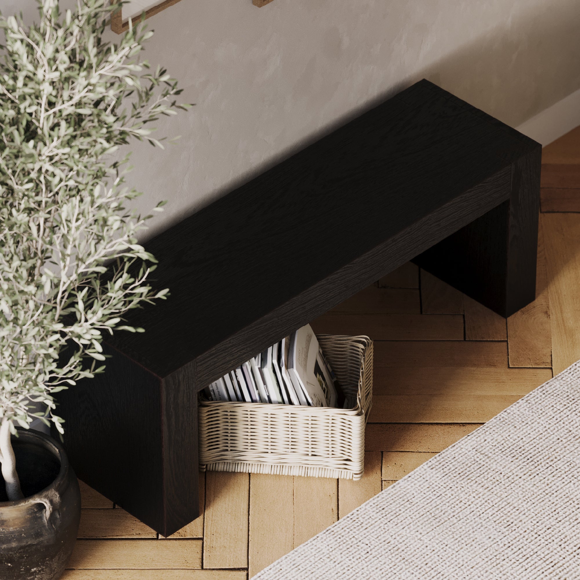 Zeno Organic Wooden Bench in Weathered Black Finish in Bench by Maven Lane