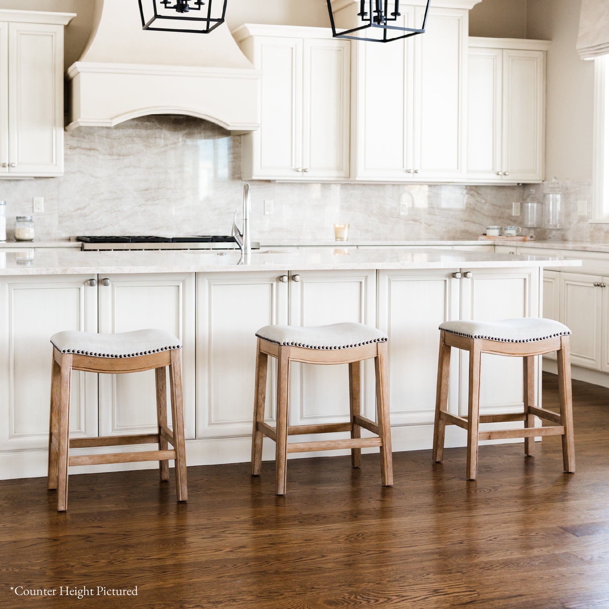 31" Adrien Saddle Bar Stool in Weathered Oak Finish with Sand Color Fabric Upholstery in Stools by Maven Lane
