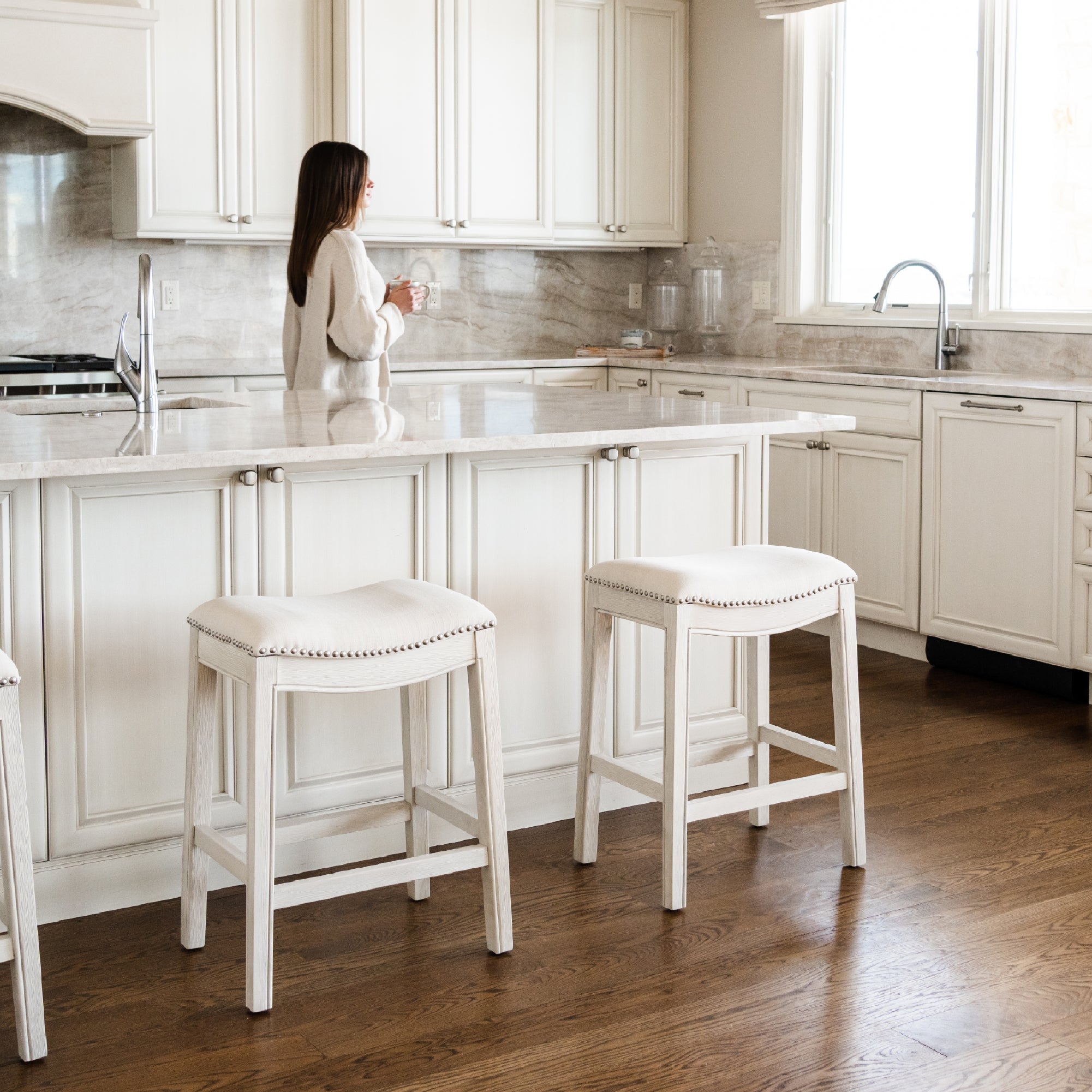 26" Adrien Saddle Counter Stool in White Oak Finish with Natural Fabric Upholstery in Stools by Maven Lane
