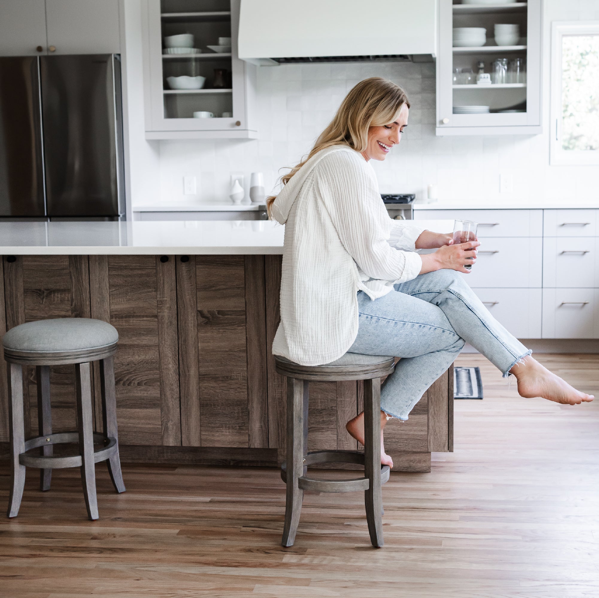26" Eva Counter Height Kitchen Stool - Reclaimed Oak Finish with Ash Grey Fabric Upholstery in Stools by Maven Lane