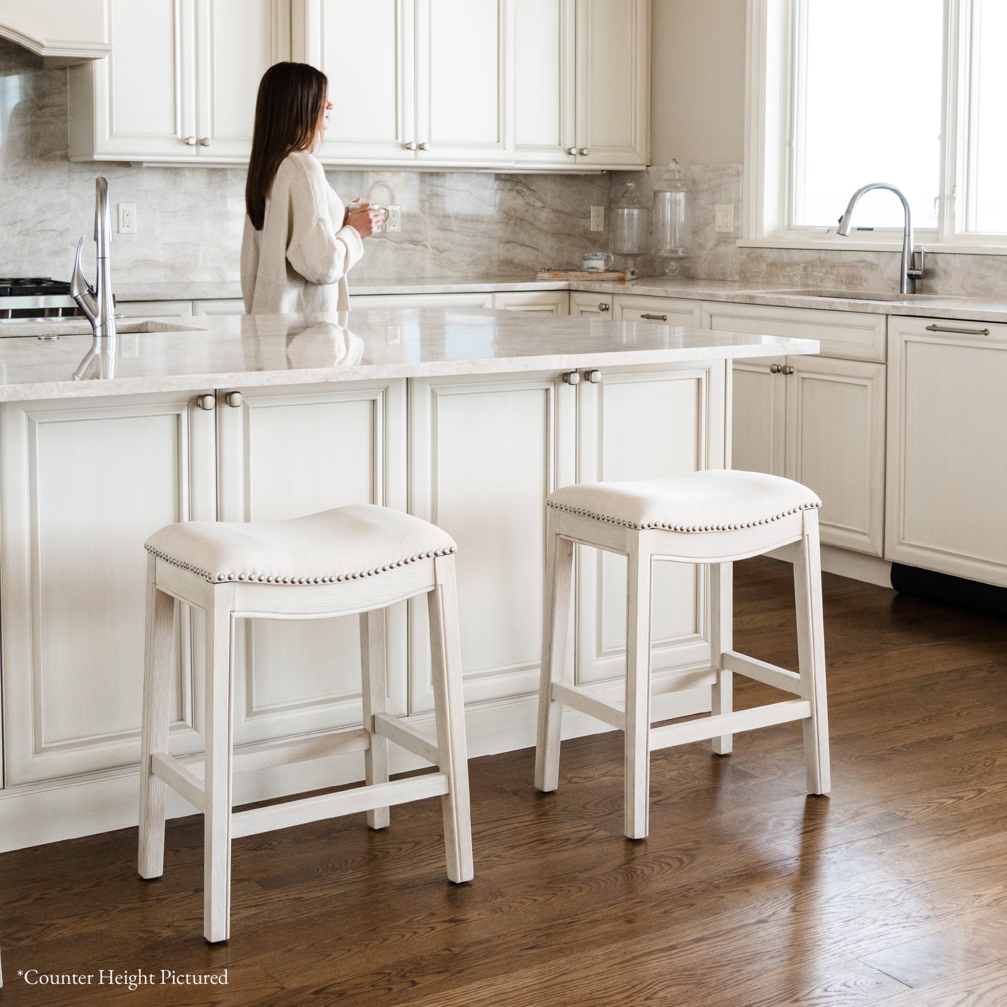 31" Adrien Saddle Bar Stool in White Oak Finish with Natural Fabric Upholstery in Stools by Maven Lane
