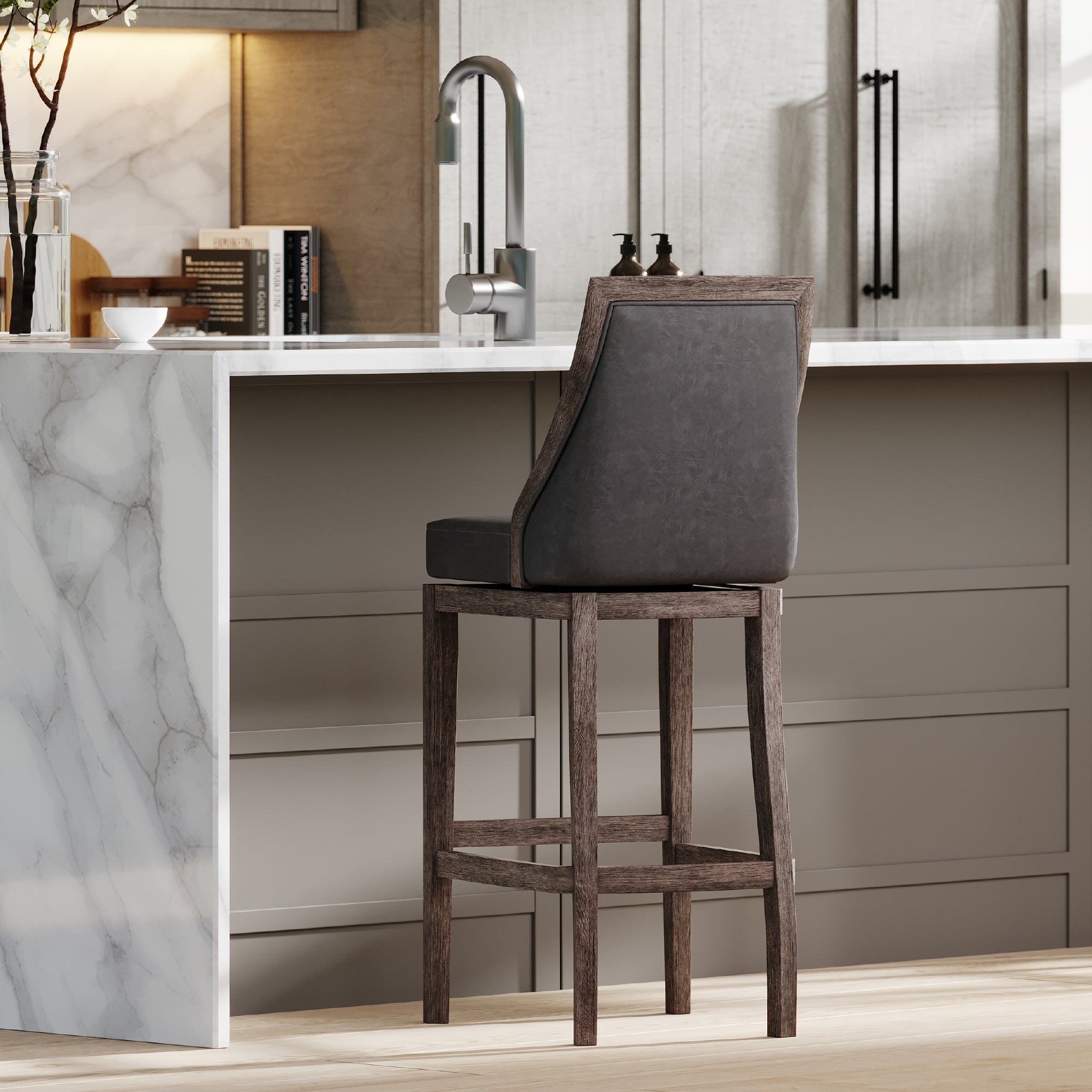 31" Vienna Swivel Bar Stool in Grey Finish with Grey Faux Leather in Stools by Maven Lane