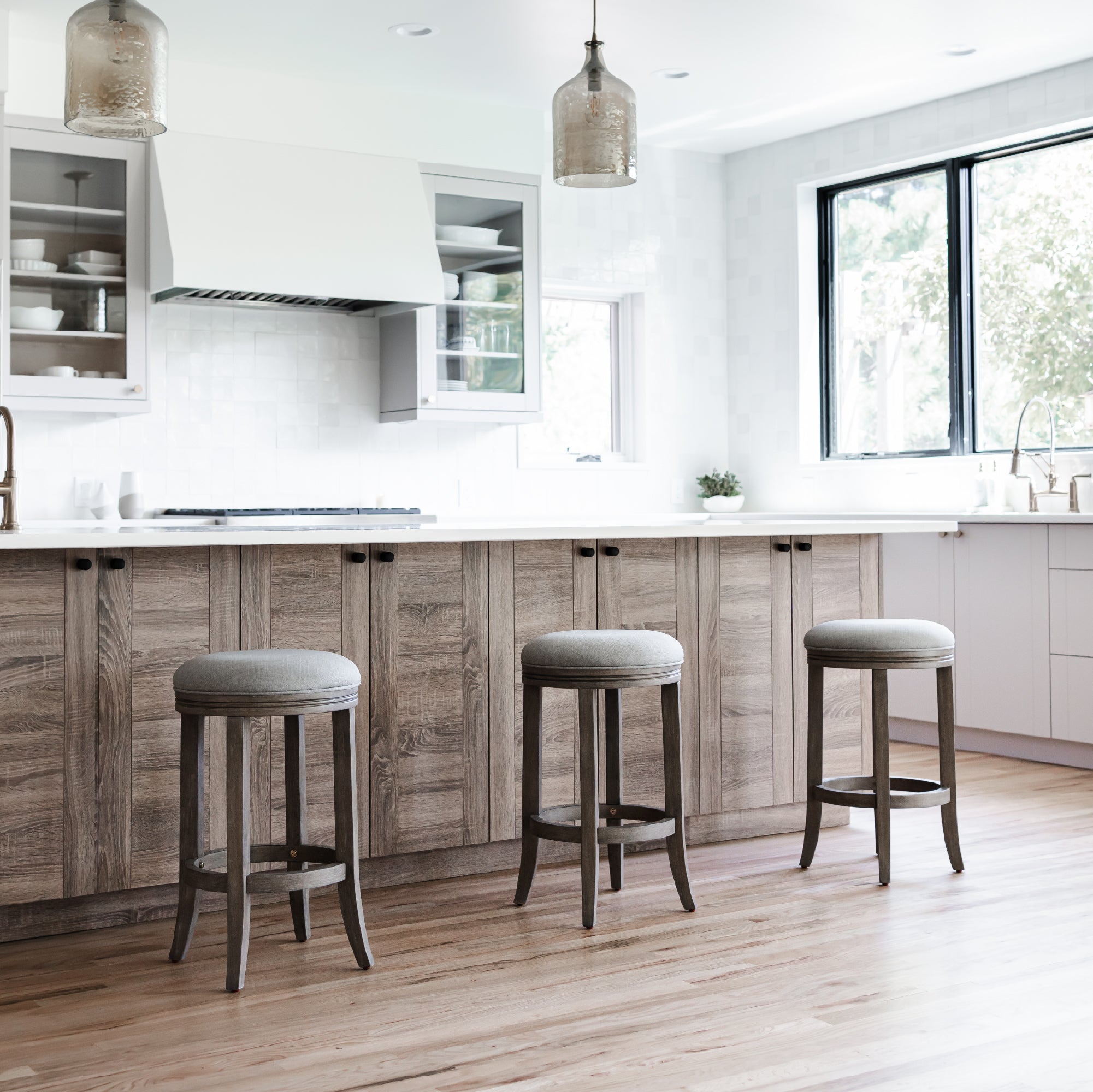 26" Eva Counter Height Kitchen Stool - Reclaimed Oak Finish with Ash Grey Fabric Upholstery in Stools by Maven Lane
