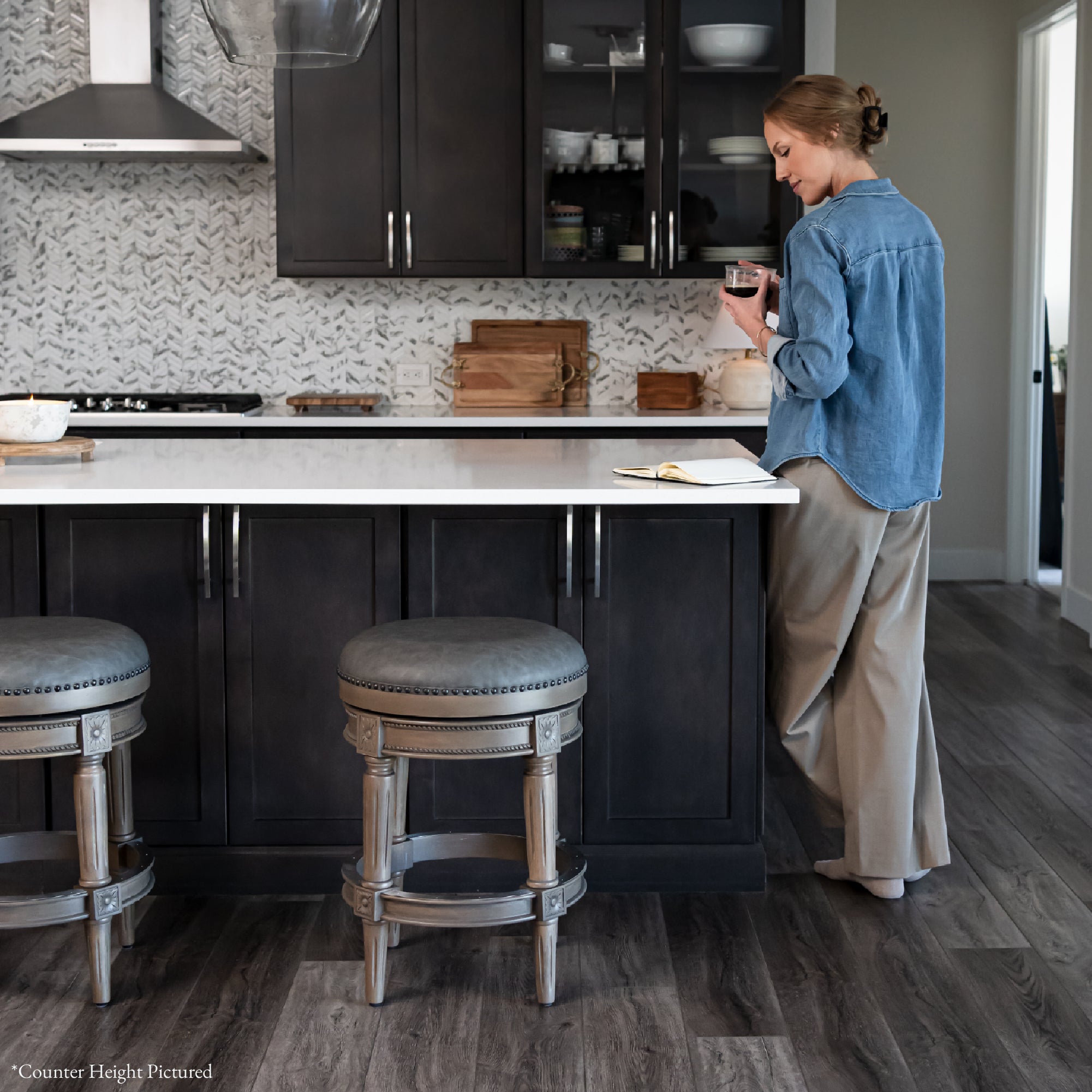 31" Pullman Backless Bar Stool in Grey Finish with Grey Faux Leather Upholstery in Stools by Maven Lane