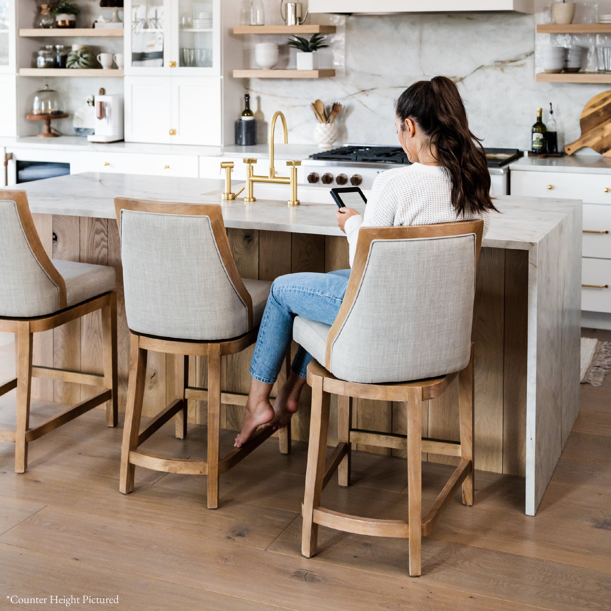 31" Vienna Swivel Bar Stool in Weathered Oak Finish with Sand Color Fabric Upholstery in Stools by Maven Lane