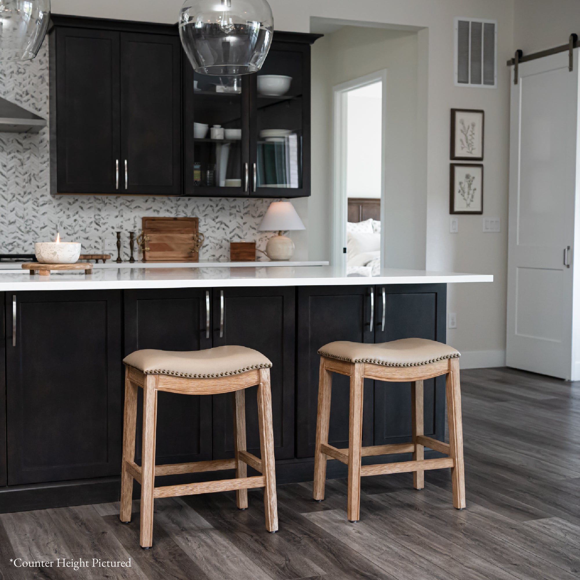 31" Adrien Saddle Bar Stool in Weathered Oak Finish with Avanti Bone Vegan Leather in Stools by Maven Lane