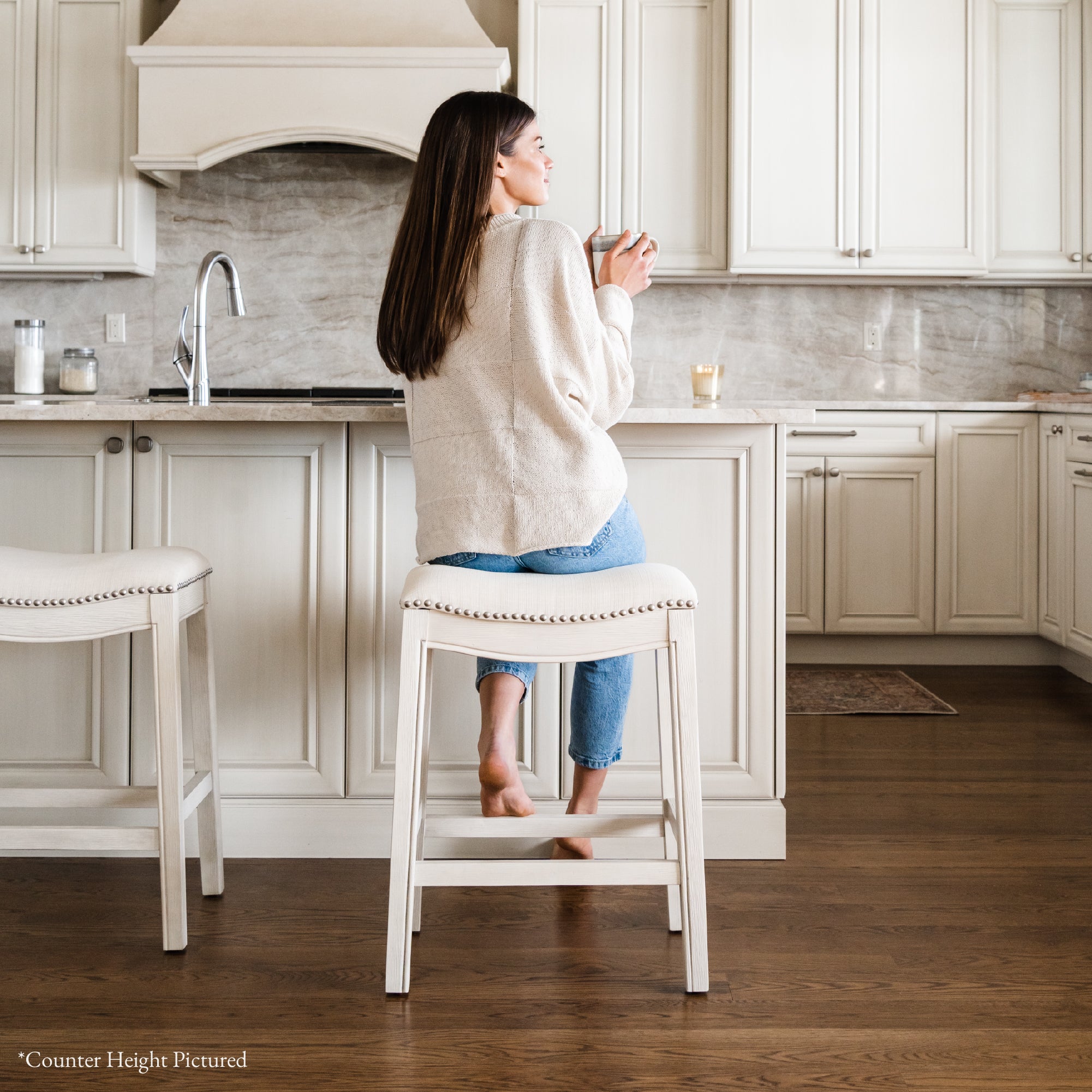 31" Adrien Saddle Bar Stool in White Oak Finish with Natural Fabric Upholstery in Stools by Maven Lane