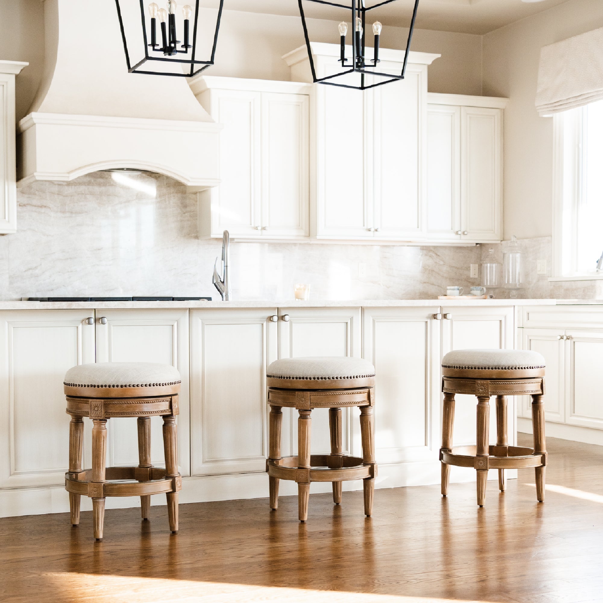 26" Pullman Backless Counter Stool in Natural Finish with Light Grey Fabric Upholstery in Stools by Maven Lane