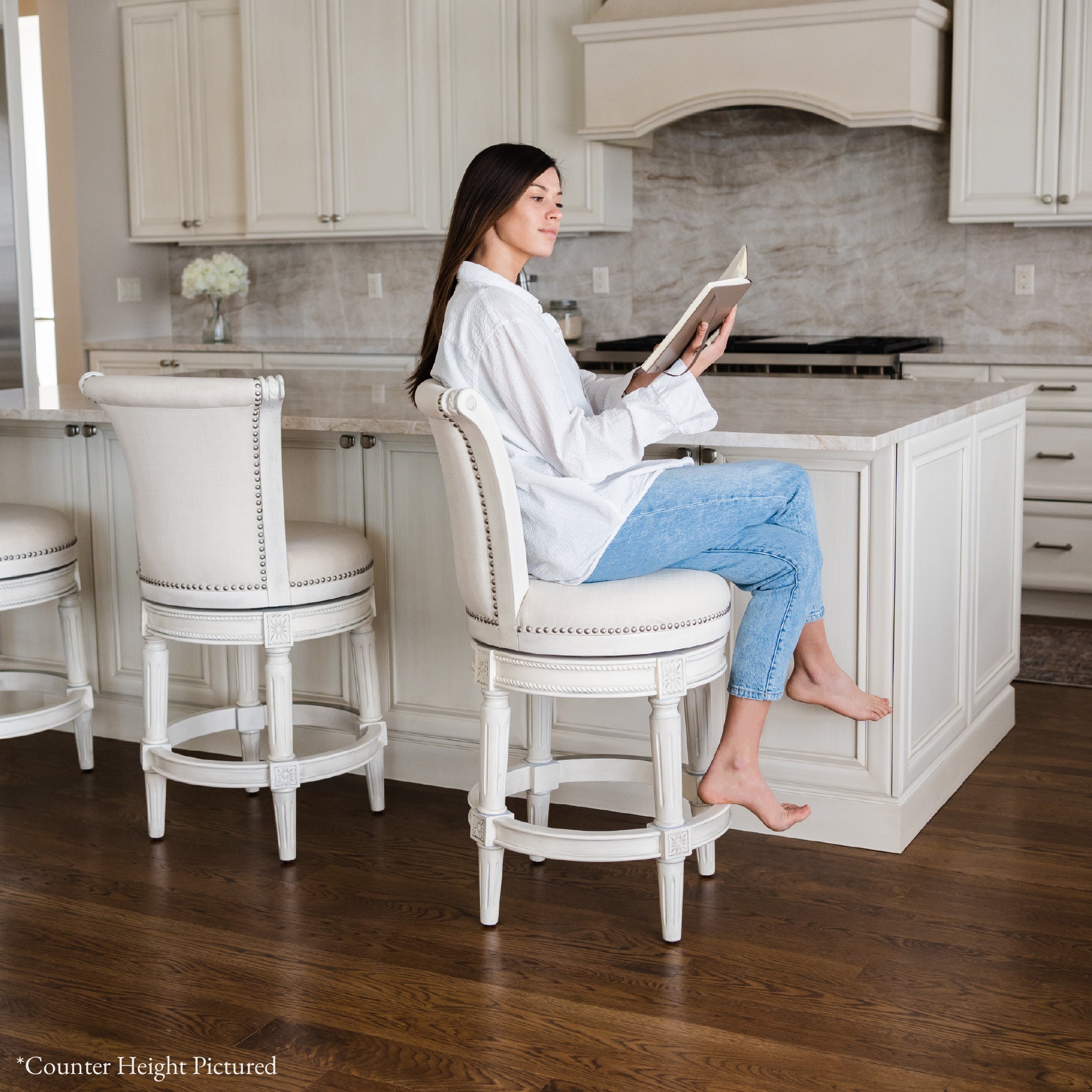 31" Pullman Bar Stool in White Oak Finish with Natural Fabric Upholstery in Stools by Maven Lane