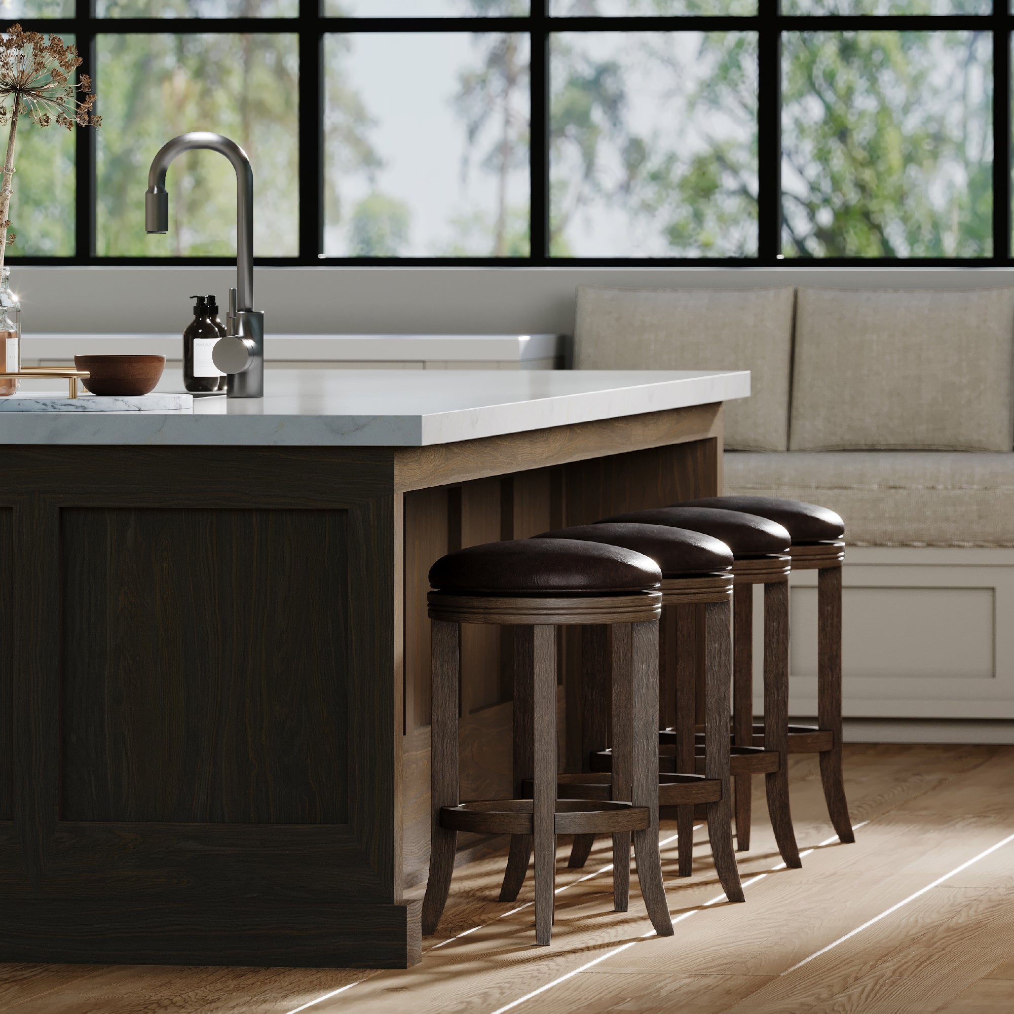 26" Eva Counter Height Kitchen Stool - Walnut Finish with Marksman Saddle Vegan Leather in Stools by Maven Lane