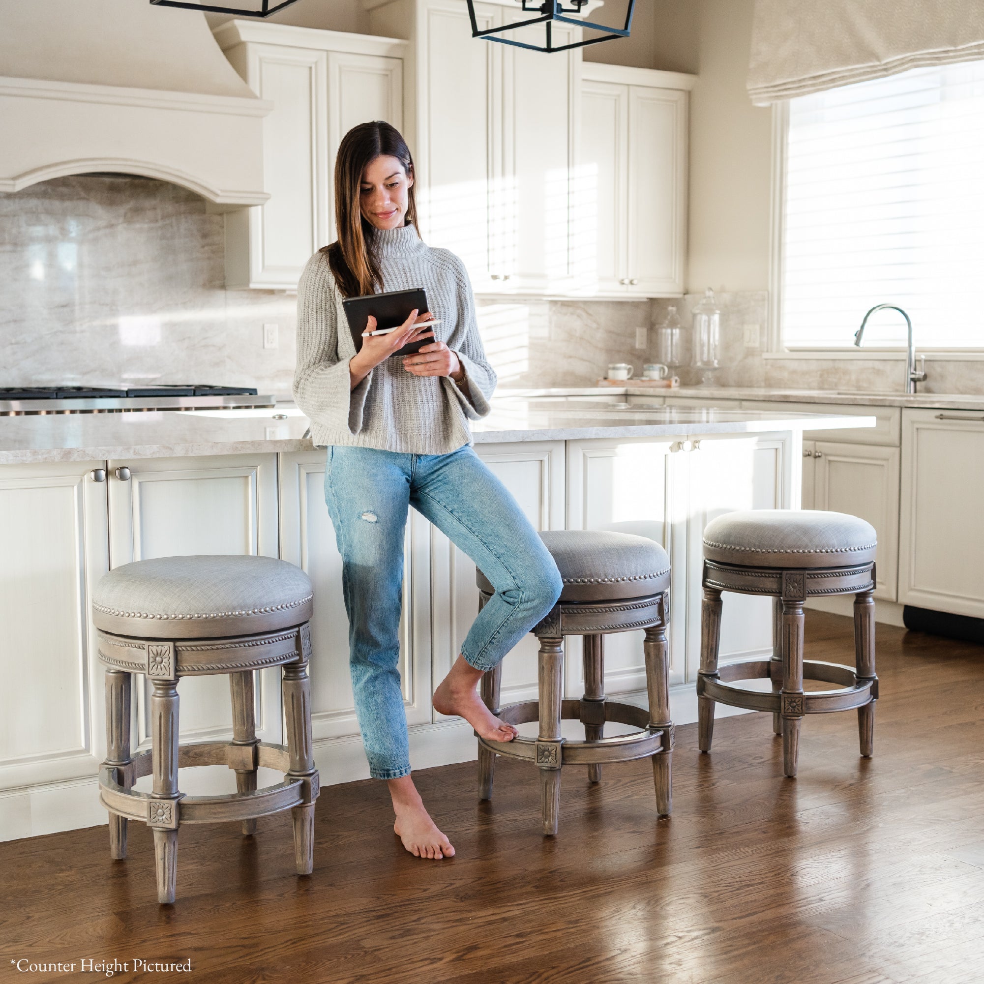 31" Pullman Backless Bar Stool in Grey Finish with Grey Fabric in Stools by Maven Lane